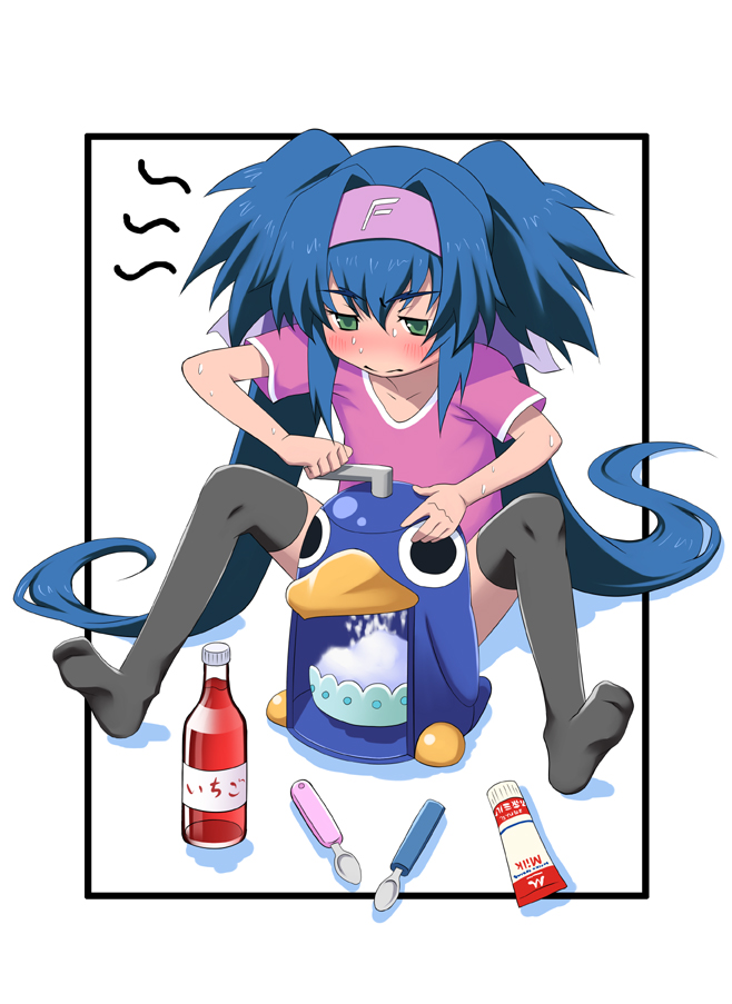 nattokuou, klan klein, macross, macross frontier, 00s, blue hair, blush, crushed ice, food, green eyes, headband, ice, ice shaver, long hair, milk, shaved ice, solo, spoon, sweat, thighhighs, twintails, very long hair