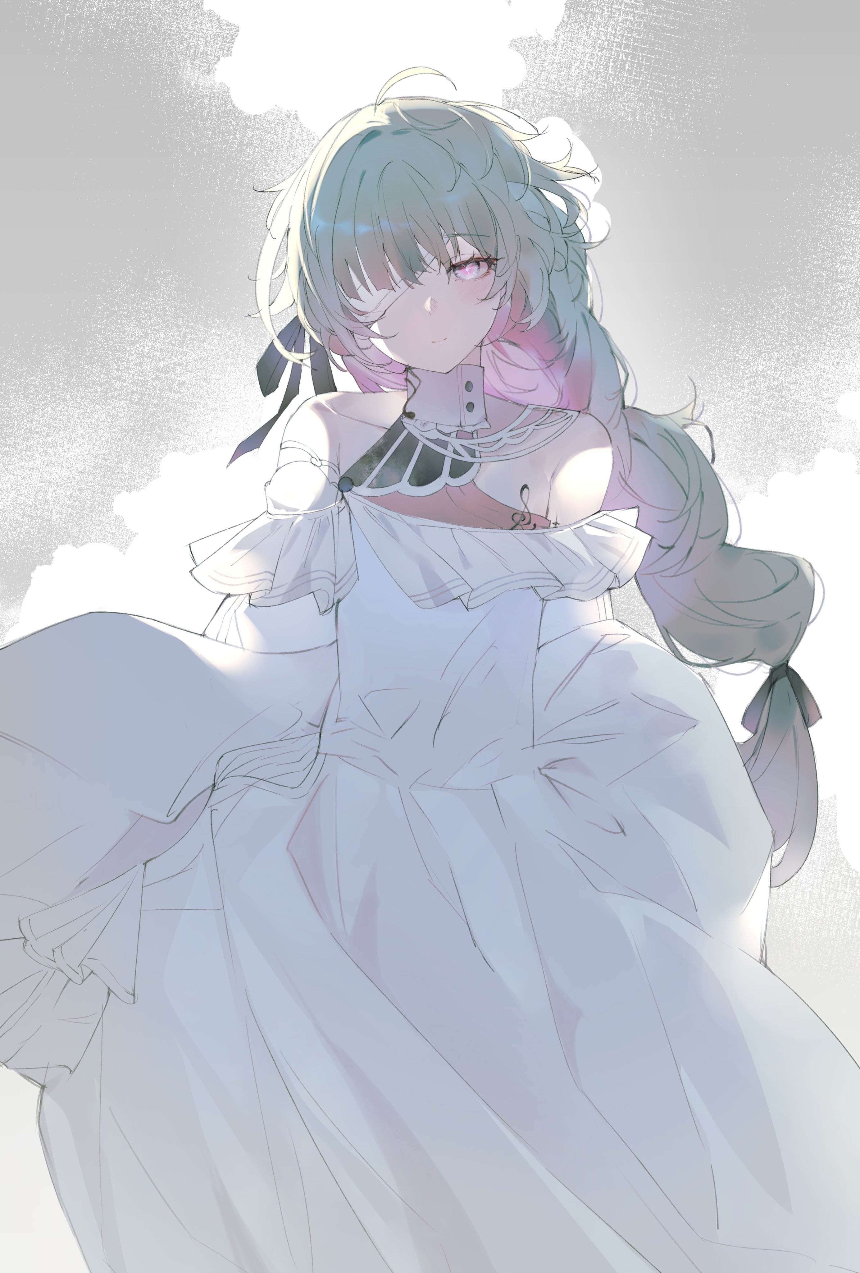 shigureszku, phrolova (wuthering waves), wuthering waves, absurdres, commentary request, highres, 1girl, bandage over one eye, bare shoulders, black ribbon, braid, closed mouth, dress, grey eyes, grey hair, hair ribbon, long dress, long hair, looking at viewer, low-braided long hair, low-tied long hair, musical note ornament, official alternate costume, ribbon, smile, solo, white dress