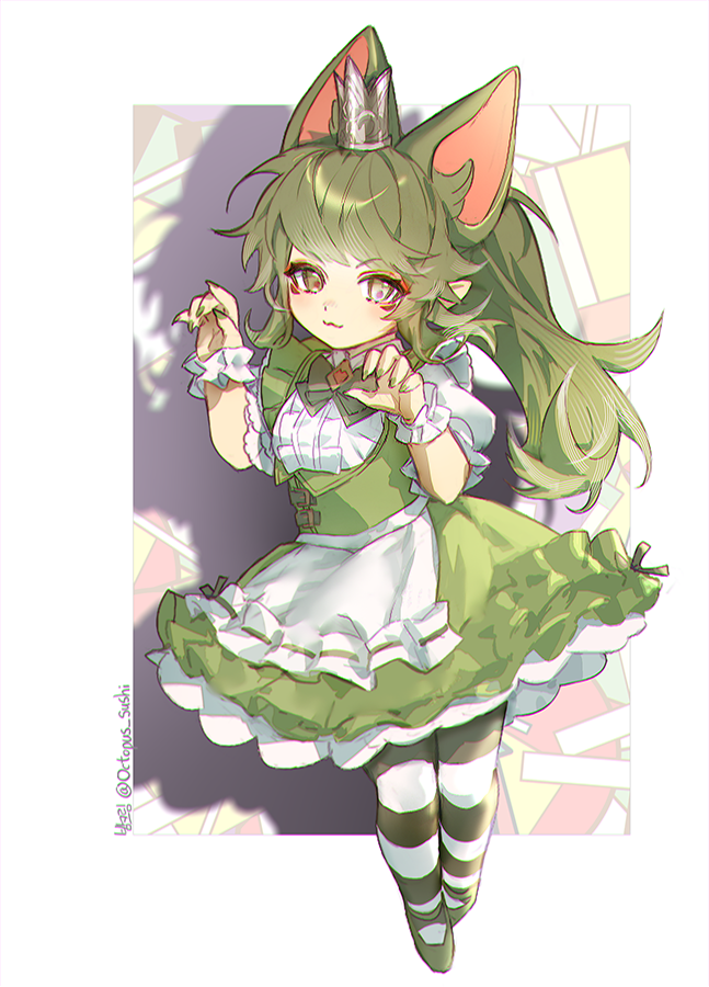 bamcream, final fantasy, final fantasy xiv, commentary, commission, english commentary, 1girl, :3, animal ears, apron, black pantyhose, border, bow, bowtie, claw pose, closed mouth, crown, dress, full body, green bow, green bowtie, green dress, green eyes, green hair, green nails, green shoes, hands up, lalafell, long hair, looking at viewer, nail polish, outside border, pantyhose, ponytail, shadow, shoes, short sleeves, smile, solo, striped clothes, striped pantyhose, twitter username, waist apron, white apron, white border, white pantyhose