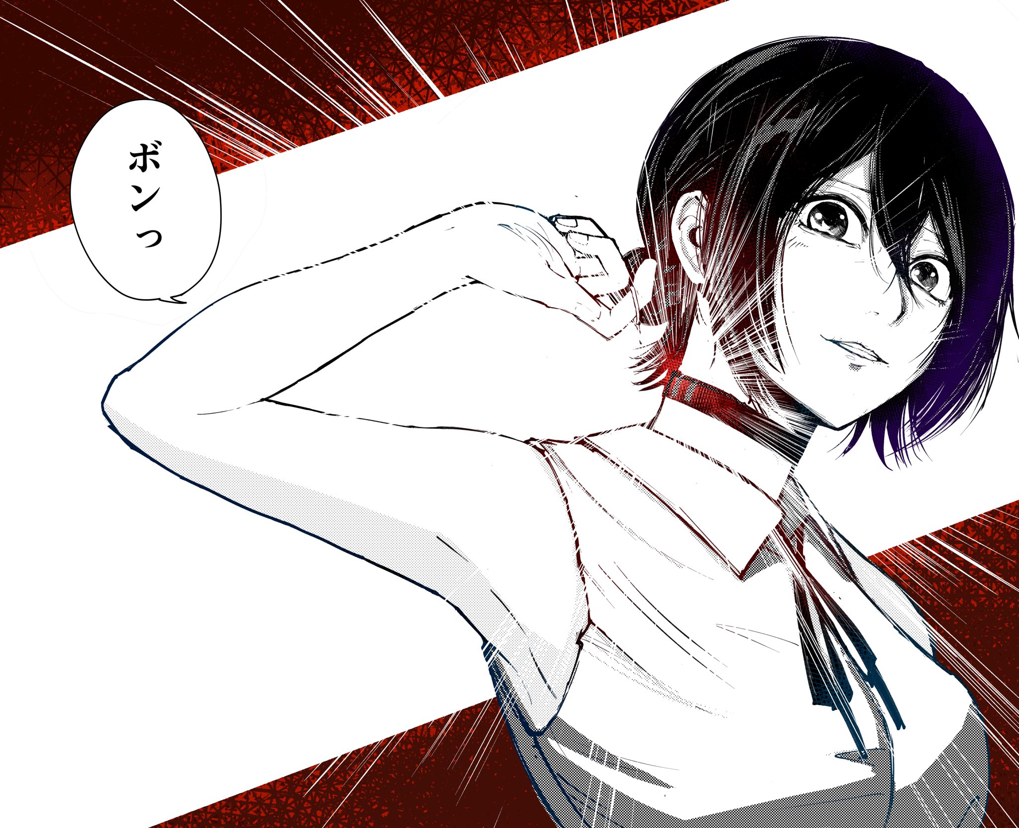 inkdaisuki, reze (chainsaw man), chainsaw man, commentary request, highres, 1girl, armpits, black choker, black ribbon, choker, collared shirt, grenade pin, hand up, looking at viewer, neck ribbon, parted lips, partially colored, pull cord, ribbon, shirt, short hair, sleeveless, sleeveless shirt, solo, speech bubble, upper body