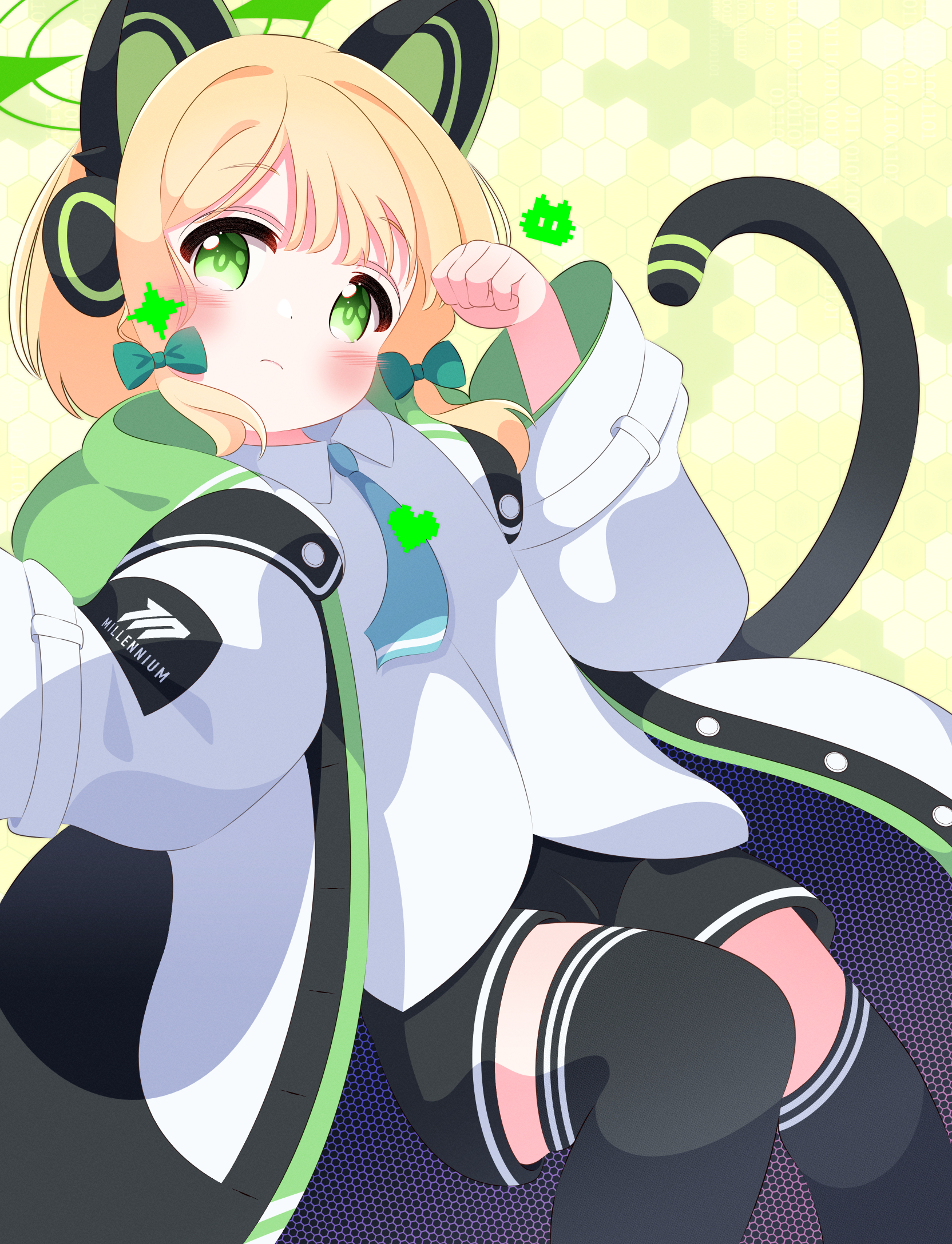 r245, midori (blue archive), blue archive, highres, 1girl, animal, animal ear headphones, animal ears, black shorts, black thighhighs, blonde hair, blue necktie, blush, bow, cat, cat ear headphones, cat ears, cat girl, cat tail, fake animal ears, floating, green background, green bow, green eyes, hair bow, halo, headphones, heart, honeycomb (pattern), honeycomb background, hood, hooded jacket, jacket, long sleeves, looking at viewer, necktie, open clothes, open jacket, paw pose, school uniform, shirt, short hair, shorts, sparkle, tail, thighhighs, white jacket, white shirt, wide sleeves