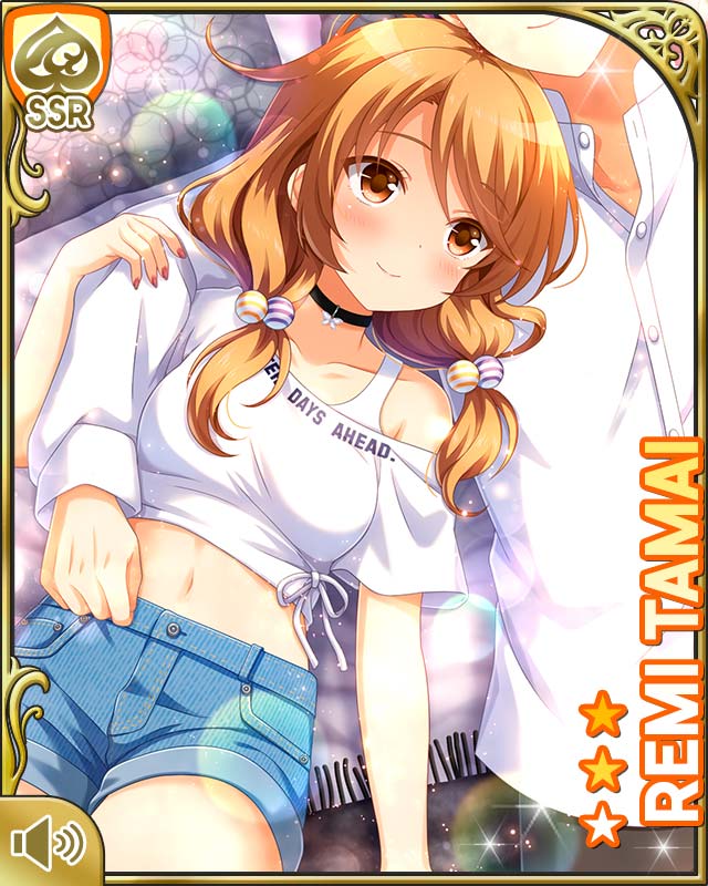 qp:flapper, tamai remi, girlfriend (kari), official art, 1boy, 1girl, bare legs, blue shorts, brown eyes, brown hair, card (medium), closed mouth, day, female focus, indoors, looking at viewer, low twintails, shirt, shorts, sitting, smile, thighs, twintails, white shirt