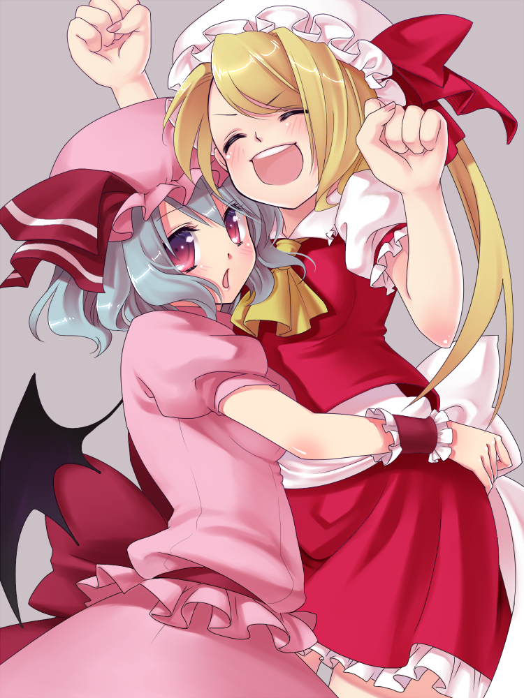 asuka226, asuka setsuna, flandre scarlet, remilia scarlet, touhou, bad id, bad pixiv id, 2girls, blonde hair, blue hair, female focus, hat, hug, mob cap, multiple girls, ponytail, ribbon, short hair, siblings, sisters, wings