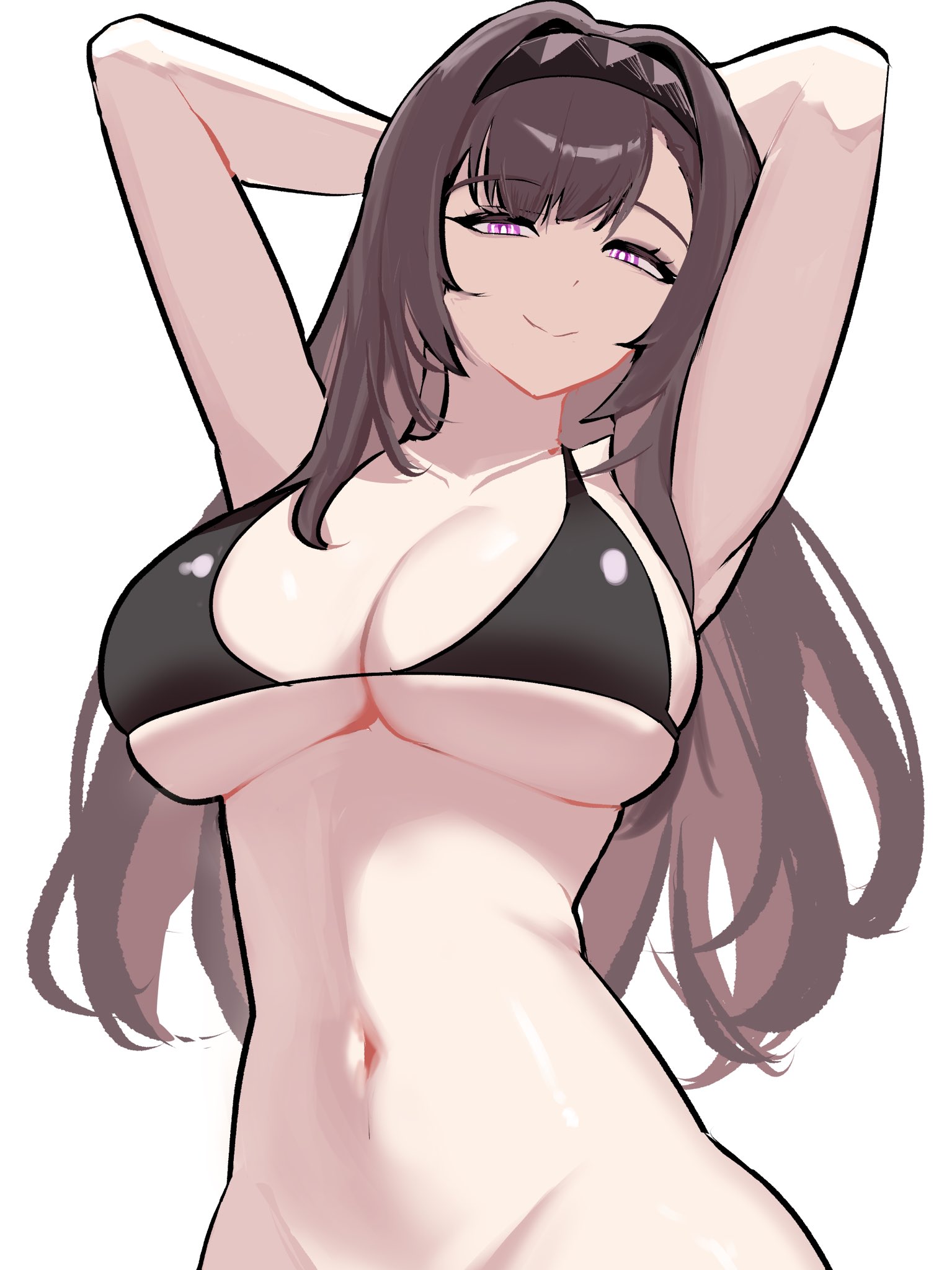 sskai, priestess (arknights), arknights, commentary, english commentary, highres, 1girl, alternate costume, arms behind head, arms up, bikini, black bikini, black hairband, breasts, closed mouth, collarbone, hairband, large breasts, long hair, looking at viewer, navel, purple eyes, shiny skin, simple background, smile, smug, solo, stomach, swimsuit, underboob, upper body, white background