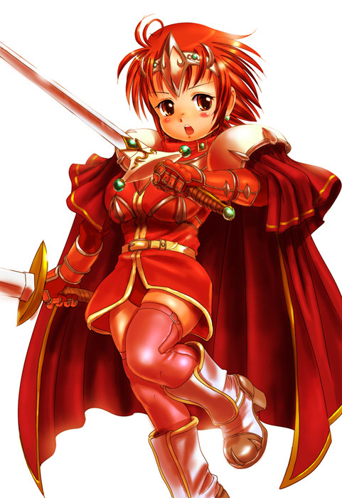 gox, moriichi, warrior of light (ff1), warrior of the light, final fantasy, final fantasy iii, 1990s (style), 1girl, blush, boots, cape, circlet, dual wielding, female focus, holding, knight, red eyes, red hair, red theme, retro artstyle, shoulder pads, solo, sword, thighhighs, weapon