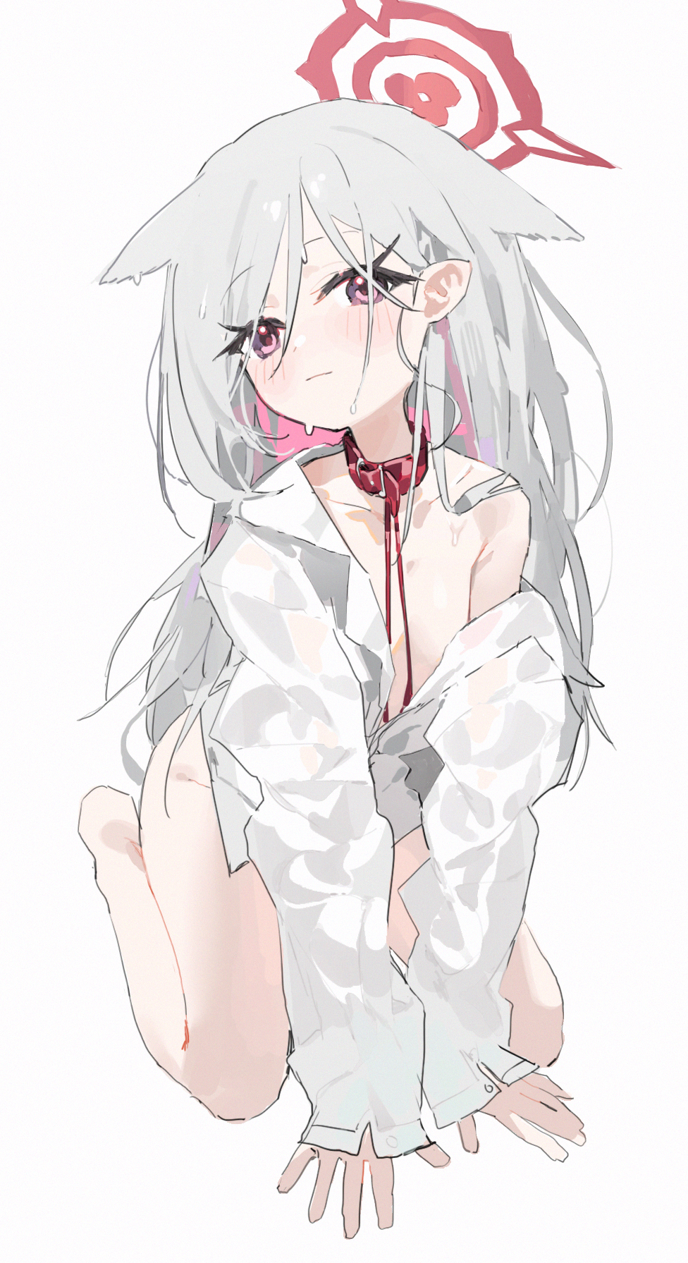 measho, mutsuki (blue archive), blue archive, highres, 1girl, belt collar, collar, flat chest, grey hair, halo, leash, long hair, pink eyes, pointy ears, red collar, red halo, shirt, simple background, solo, white background