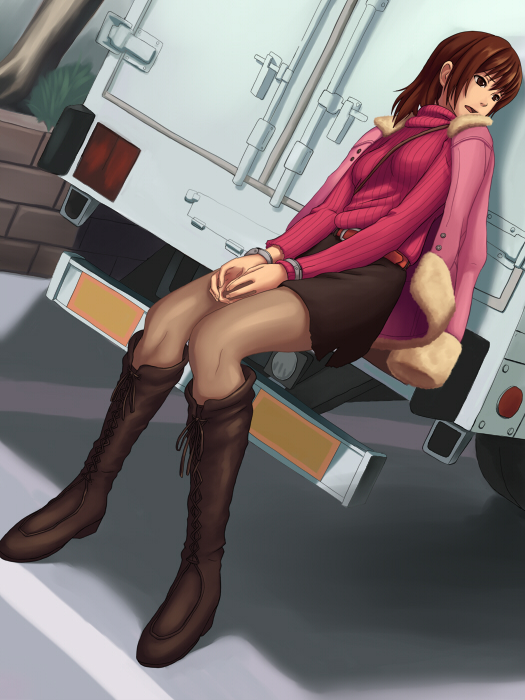 maasan, bad id, bad pixiv id, 1girl, belt, between breasts, boots, box truck, breasts, brown eyes, brown hair, coat, cuffs, dutch angle, female focus, handcuffs, motor vehicle, pantyhose, sitting, skirt, solo, strap between breasts, truck, turtleneck