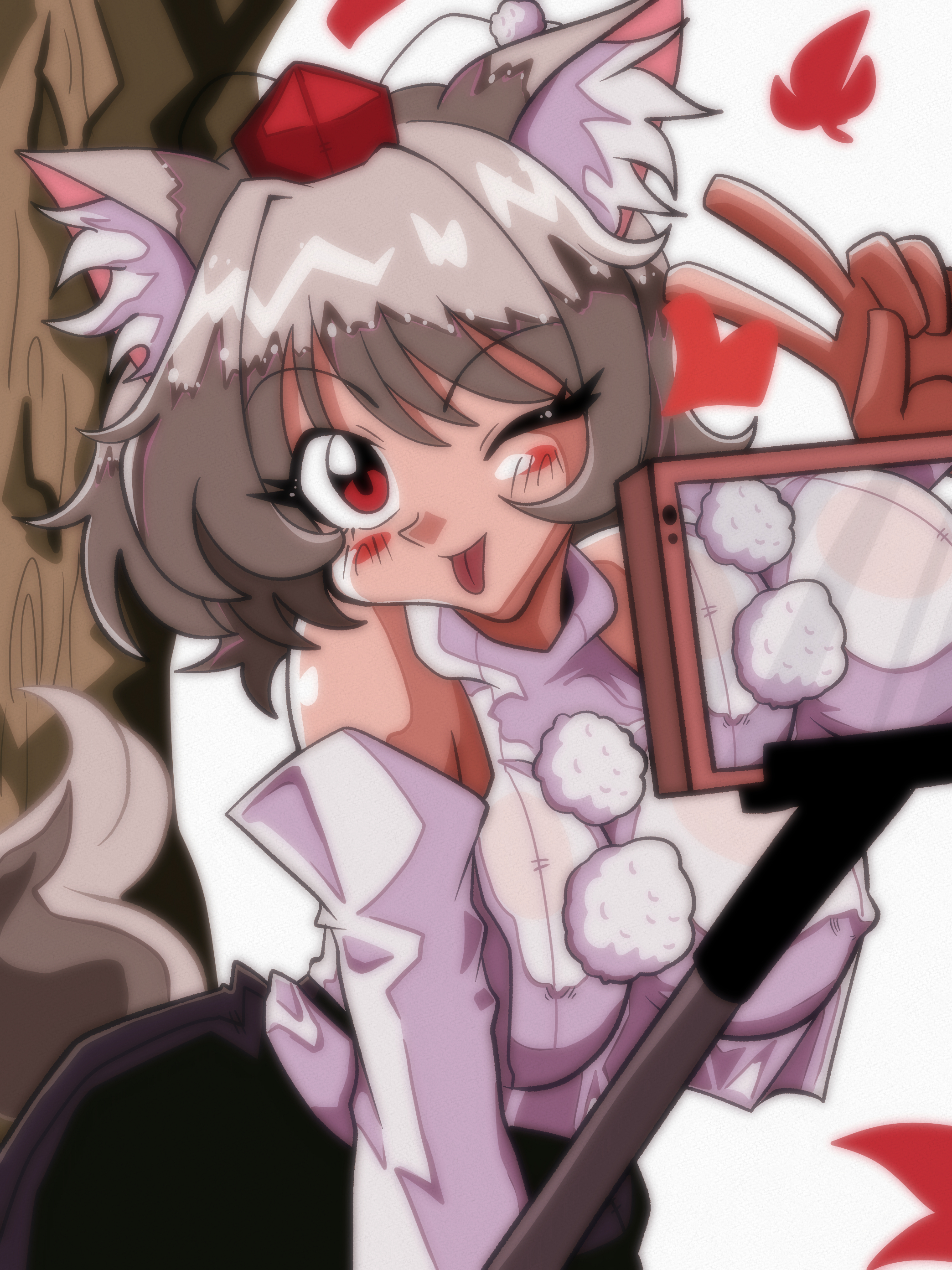 miwijag1997, inubashiri momiji, touhou, absurdres, highres, 1990s (style), 1girl, animal ear fluff, animal ears, arm up, black skirt, bloom, blush, breasts, cellphone, detached sleeves, falling leaves, grey hair, hat, holding, holding stick, large breasts, leaf, leaning forward, long sleeves, maple leaf, one eye closed, open mouth, phone, pom pom (clothes), red eyes, red hat, retro artstyle, selfie, selfie stick, shirt, short hair, simple background, skirt, smartphone, smile, solo, stick, swept bangs, tail, tokin hat, tree, upper body, v, white background, white shirt, wolf ears, wolf girl, wolf tail