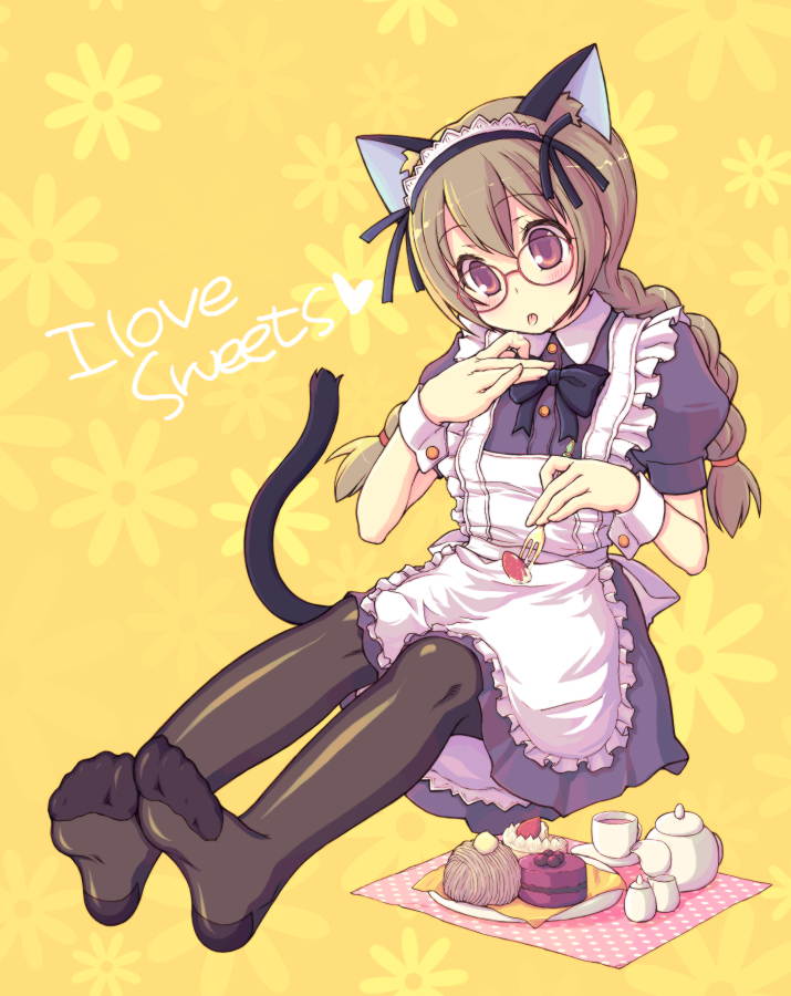 kimarin, original, animal ears, braid, brown hair, cake, cat ears, cat tail, eating, feet, food, long hair, maid, pantyhose, pastry, soles, solo, tail, tea, twin braids