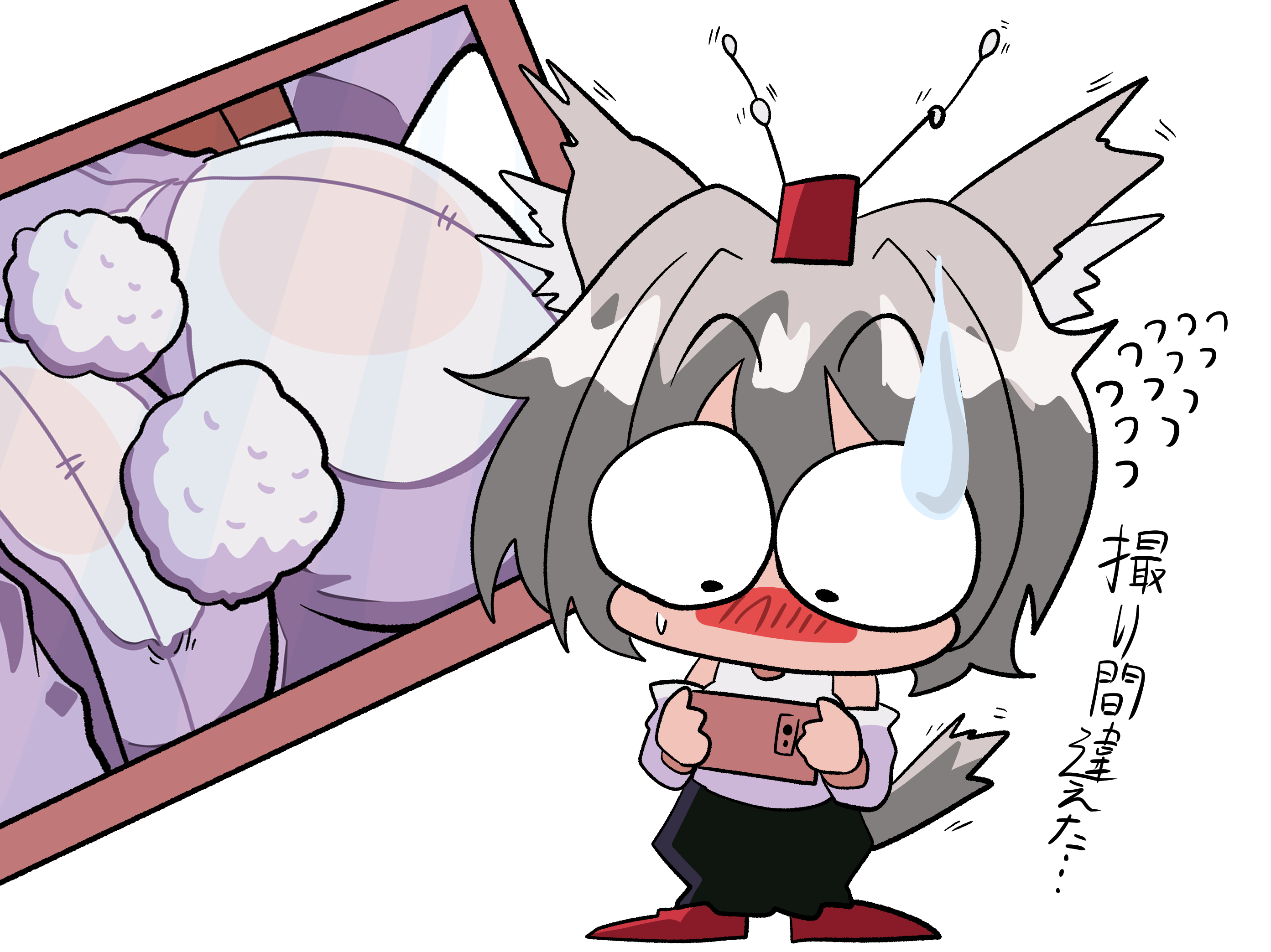 miwijag1997, inubashiri momiji, touhou, commentary request, highres, translation request, 1990s (style), animal ear fluff, animal ears, black skirt, blush, breasts, bulging eyes, cellphone, chibi, detached sleeves, double-parted bangs, expressive clothes, flying sweatdrops, grey hair, hat, holding, holding phone, large breasts, looking down, motion lines, nose blush, phone, pom pom (clothes), red hat, red shoes, retro artstyle, selfie, shirt, shoes, simple background, skirt, smartphone, surprised, sweatdrop, tail, tokin hat, white background, white shirt, wolf ears, wolf girl, wolf tail