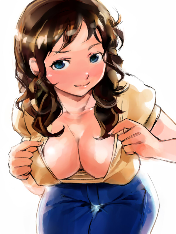 igarashi mangou, original, 1girl, bent over, blue eyes, blush, breasts, brown hair, cleavage, curly hair, denim, downblouse, female focus, jeans, large breasts, leaning forward, long hair, pants, solo, thigh gap, thighs