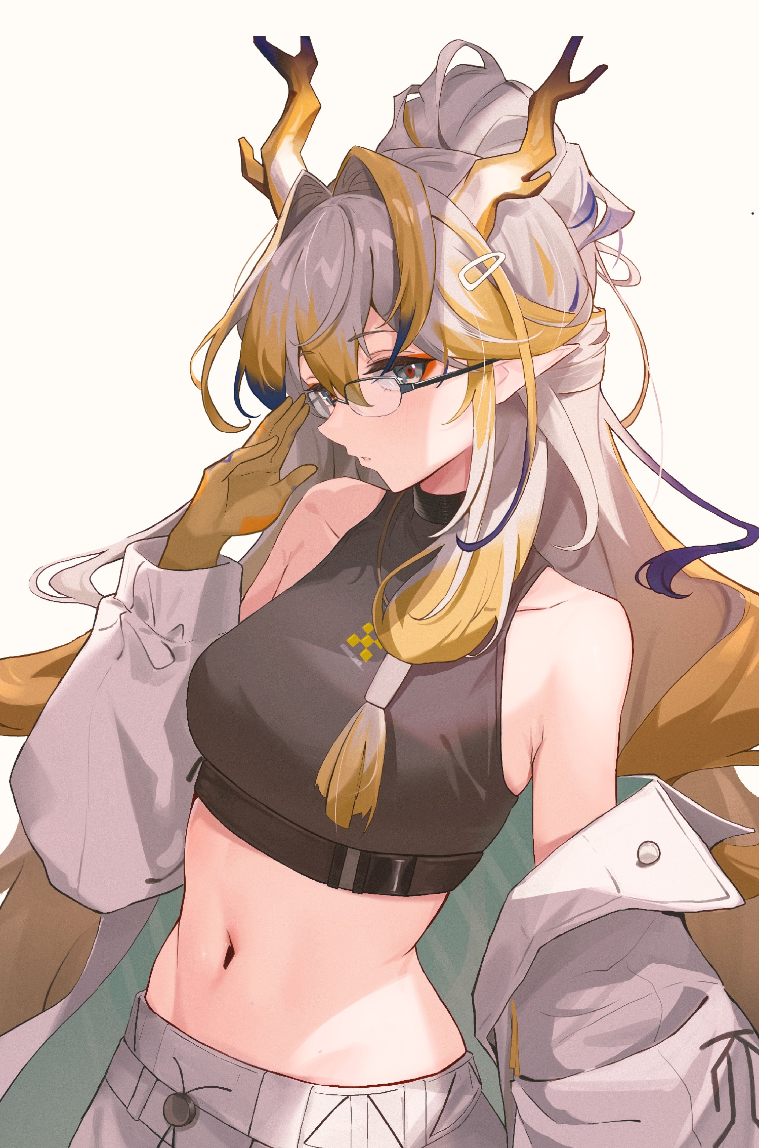 manche5ter, shu (arknights), arknights, highres, textless version, 1girl, adjusting eyewear, bare shoulders, bespectacled, black shirt, blonde hair, breasts, closed mouth, cowboy shot, crop top, cropped shirt, dragon horns, glasses, grey eyes, hair between eyes, hair intakes, hair ornament, hairclip, hand up, horns, jacket, long hair, medium breasts, missing commentary, multicolored hair, navel, off shoulder, pants, pointy ears, ponytail, red pupils, shirt, simple background, sleeveless, sleeveless shirt, solo, stomach, streaked hair, turtleneck, turtleneck shirt, very long hair, white background, white hair, white jacket, white pants, yellow hands, yellow horns