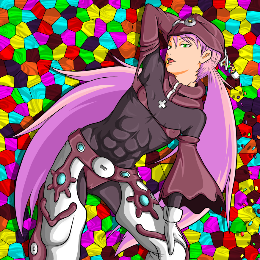 nike (0306), cynthia lane, overman king gainer, 00s, 1girl, abs, armpits, arms up, bodysuit, candy, colorful, cross, female focus, flat chest, food, green eyes, hat, long hair, mosaic background, muscular, nipples, pink hair, solo, twintails, very long hair