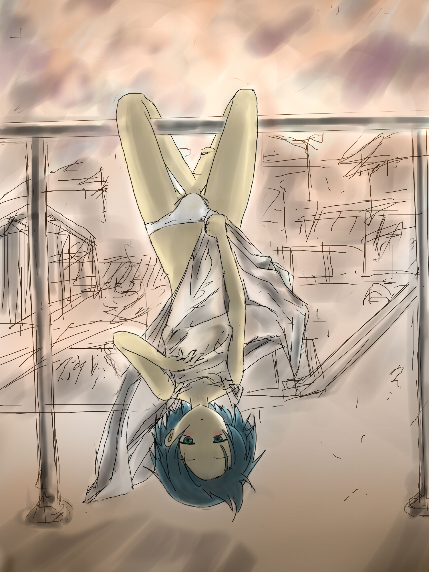 potato (artist), potato (shuzo), highres, 1girl, accidental exposure, bar (place), clothes lift, covering crotch, covering privates, dress, dress lift, dress tug, female focus, green eyes, green hair, hanging, horizontal bar, matching hair/eyes, midriff, panties, pantyshot, pole, short hair, skirt, skirt tug, solo, sunset, underwear, upside-down, wardrobe malfunction, white panties