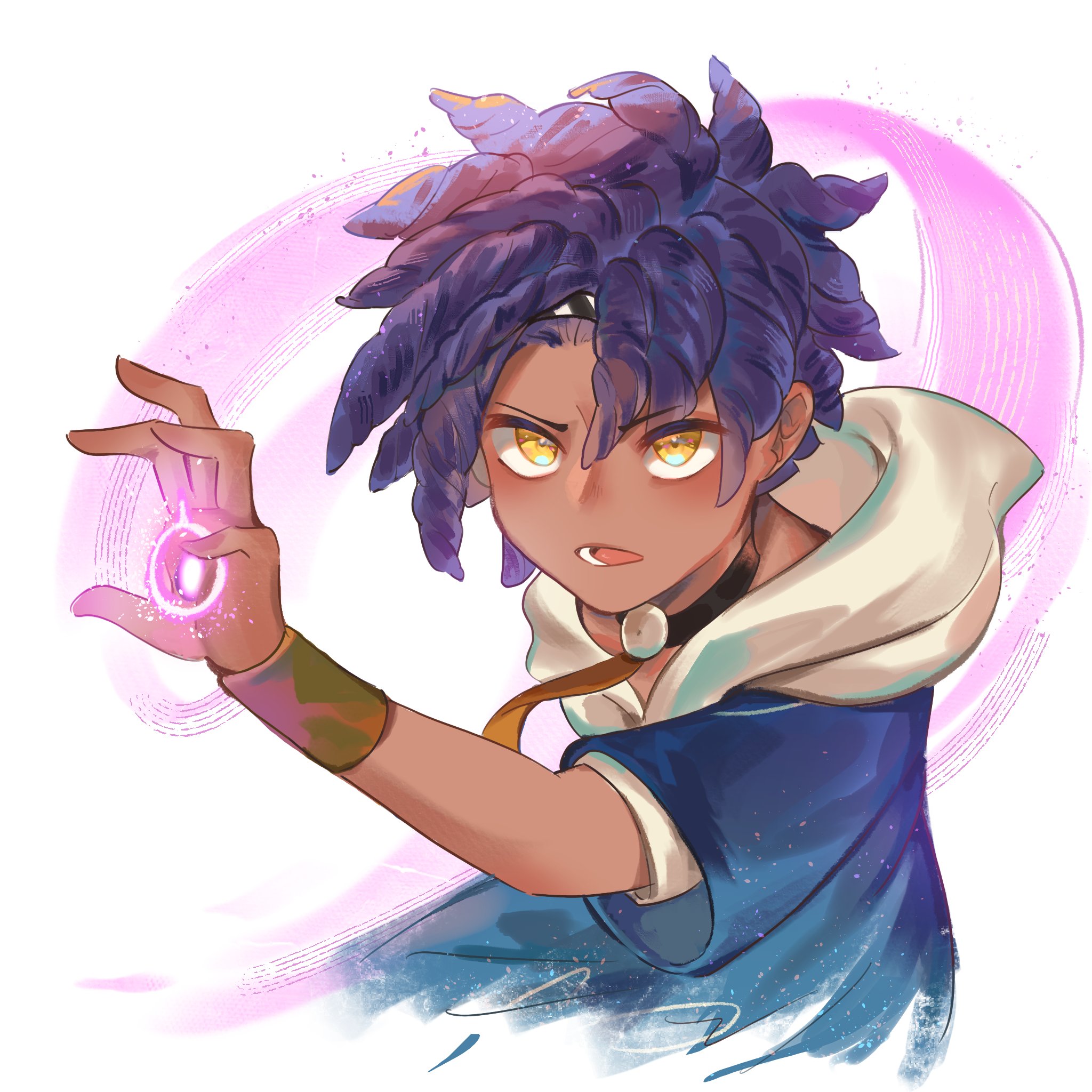 halapokok, cai (fire emblem), fire emblem, fire emblem: fortune's weave, nintendo, commentary, english commentary, highres, 1boy, blue hair, blue hoodie, dark-skinned male, dark skin, glowing, glowing hand, hood, hood down, hoodie, male focus, open mouth, simple background, solo, tongue, two-tone hoodie, white background, white hoodie, yellow eyes