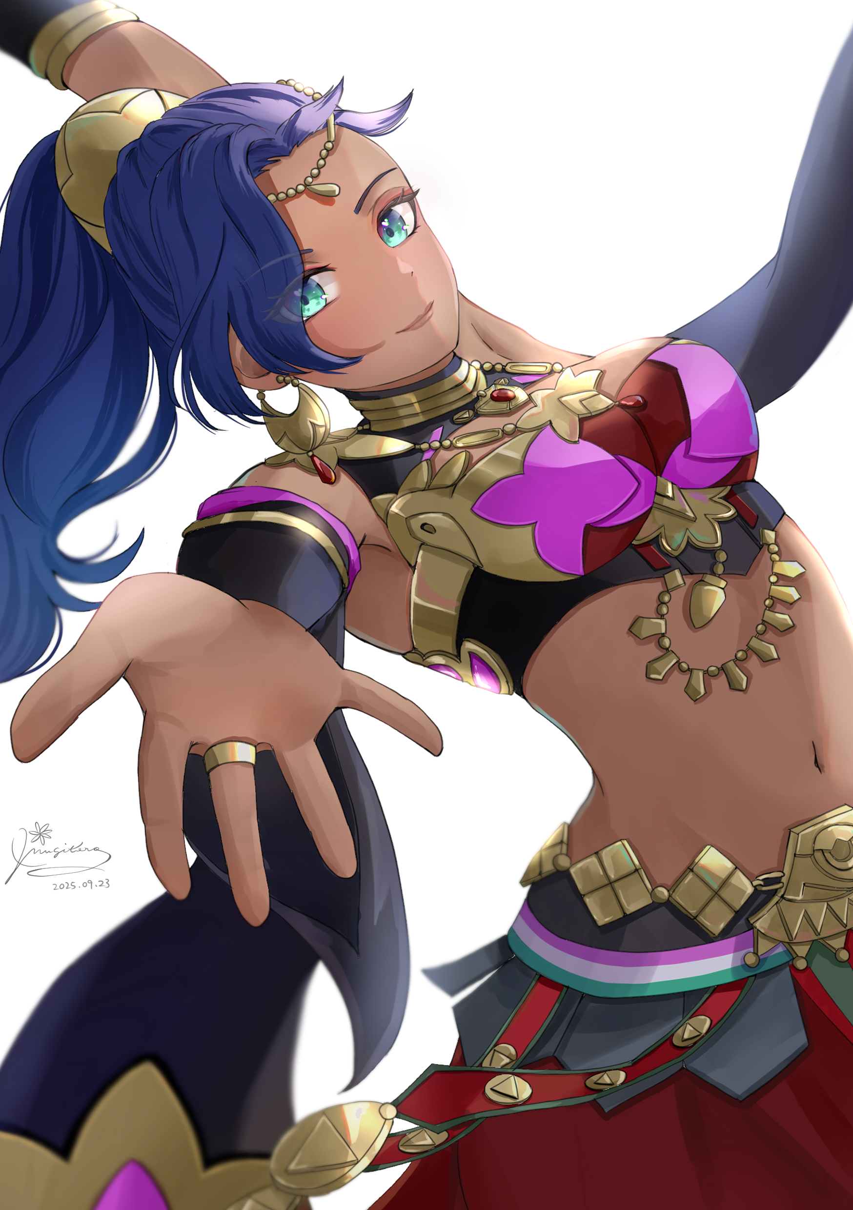 mugitoro (dsfv2277), leda (fire emblem), fire emblem, fire emblem: fortune's weave, nintendo, absurdres, highres, 1girl, arm up, armpits, blue eyes, blue hair, blush, breasts, circlet, crescent, crescent earrings, dancer, dancing, dark-skinned female, dark skin, earrings, flower, gold choker, gold earrings, harem outfit, high ponytail, jewelry, looking at viewer, medium breasts, navel, ponytail, reaching, reaching towards viewer, simple background, smile, solo, stomach, upper body