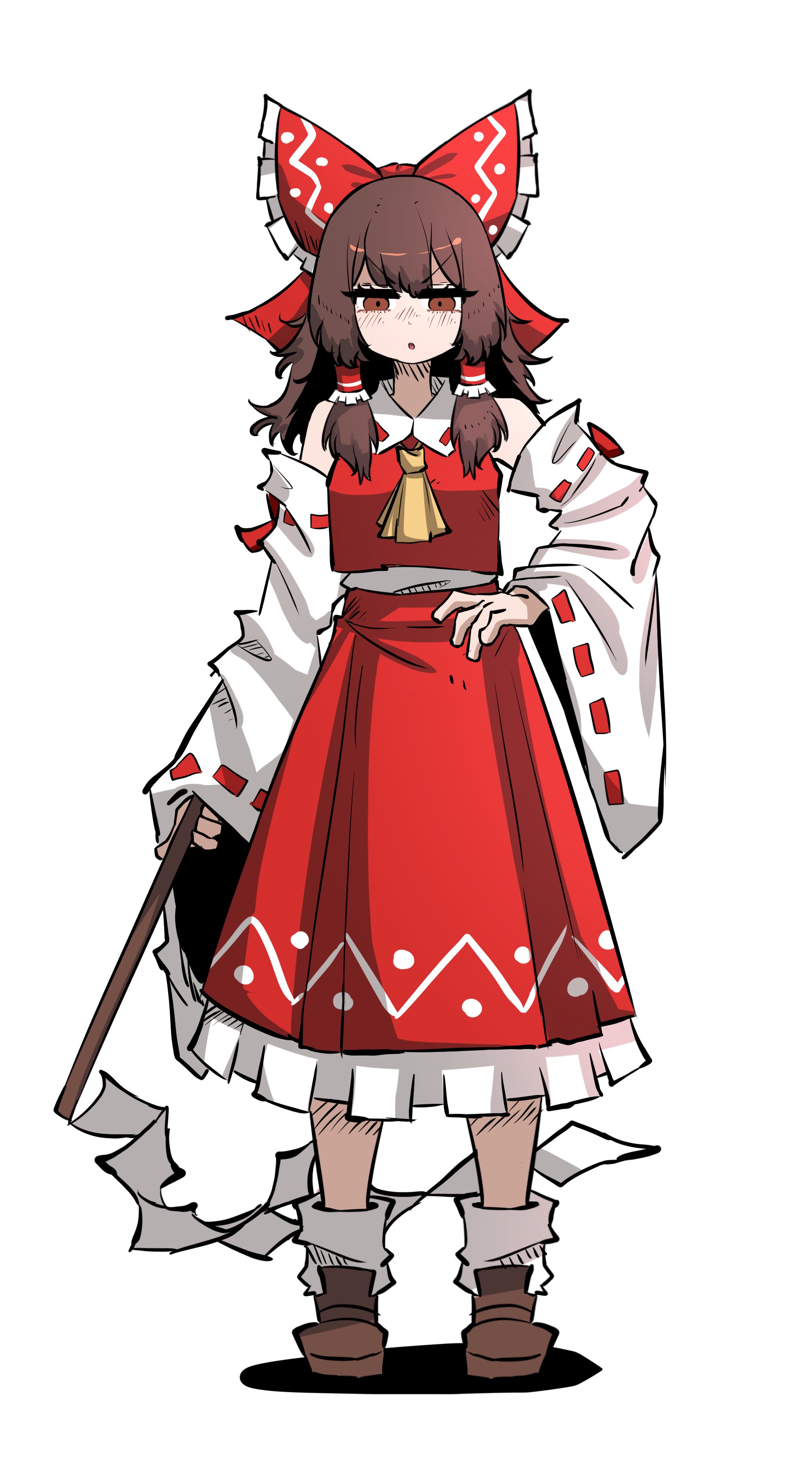 smug suriipi, hakurei reimu, touhou, absurdres, commentary, english commentary, highres, 1girl, annoyed, ascot, bow, breasts, brown hair, brown shoes, detached sleeves, frills, full body, gohei, hair bow, hair tubes, holding, holding gohei, long sleeves, medium breasts, nontraditional miko, parted lips, red bow, red shirt, red skirt, shirt, shoes, skirt, socks, solo, standing, white background, white socks, wide sleeves, yellow ascot