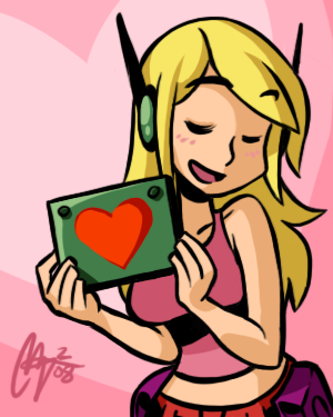 curly brace, doukutsu monogatari, lowres, 1girl, blonde hair, blush, female focus, heart, long hair, robot ears, solo, tank top