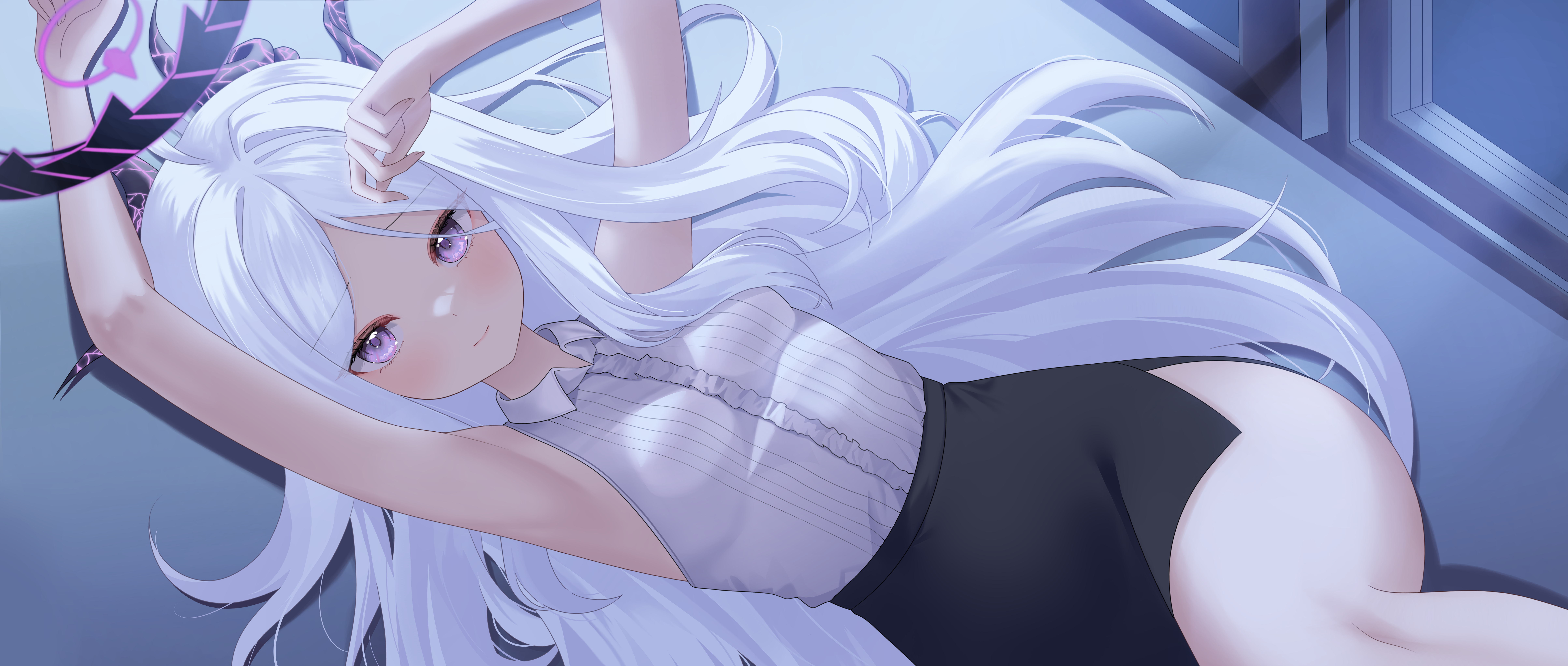 dong hawn, hina (blue archive), blue archive, absurdres, highres, 1girl, armpits, arms up, black skirt, blush, center frills, closed mouth, demon girl, demon horns, frills, halo, horns, long hair, looking at viewer, purple eyes, purple halo, shirt, skirt, sleeveless, sleeveless shirt, smile, solo, white hair
