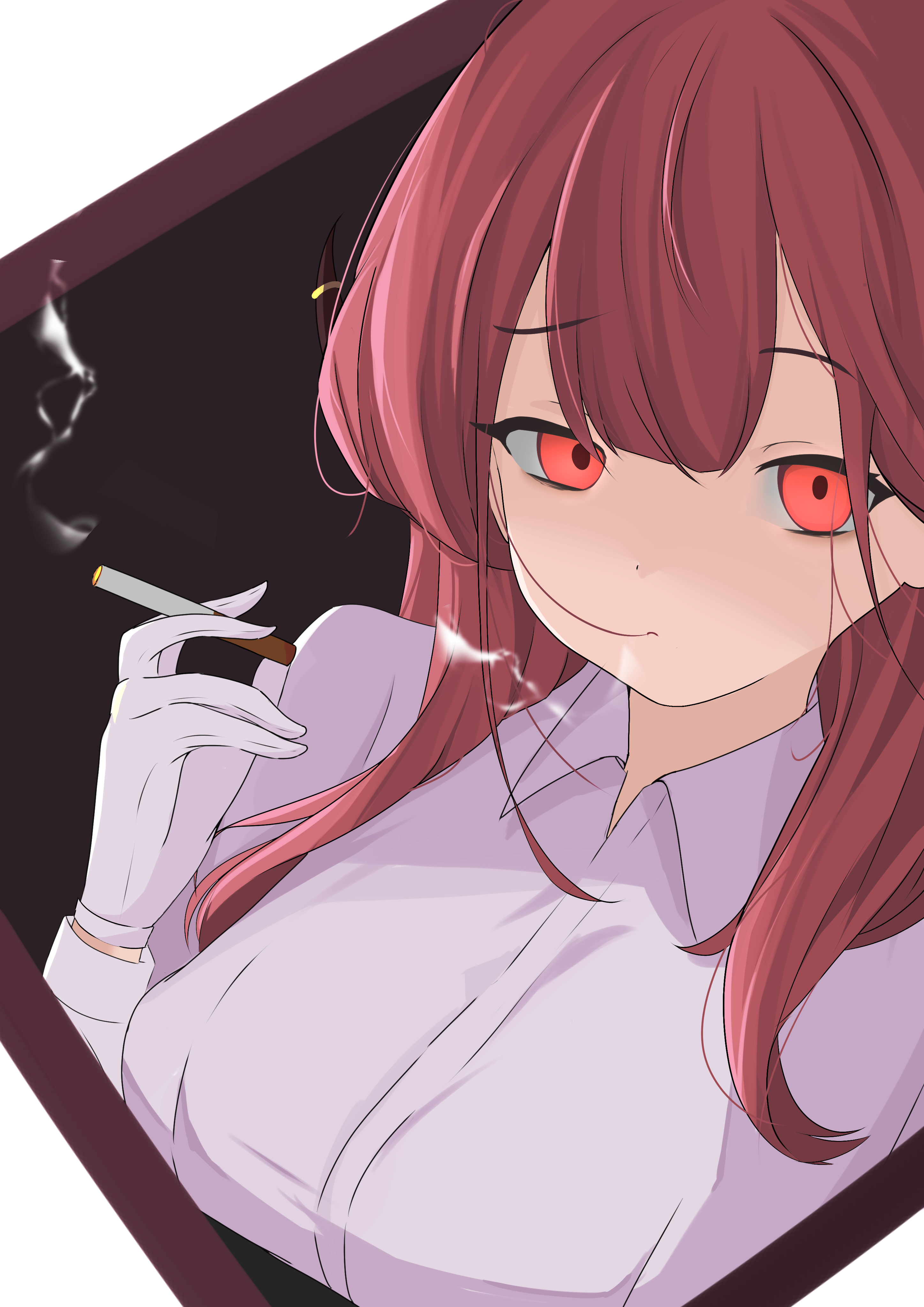 chanshiyu, aru (blue archive), blue archive, absurdres, highres, 1girl, cigarette, closed mouth, demon girl, demon horns, gloves, holding, holding cigarette, horns, looking at viewer, red eyes, red hair, shirt, smoking, solo, white gloves, white shirt