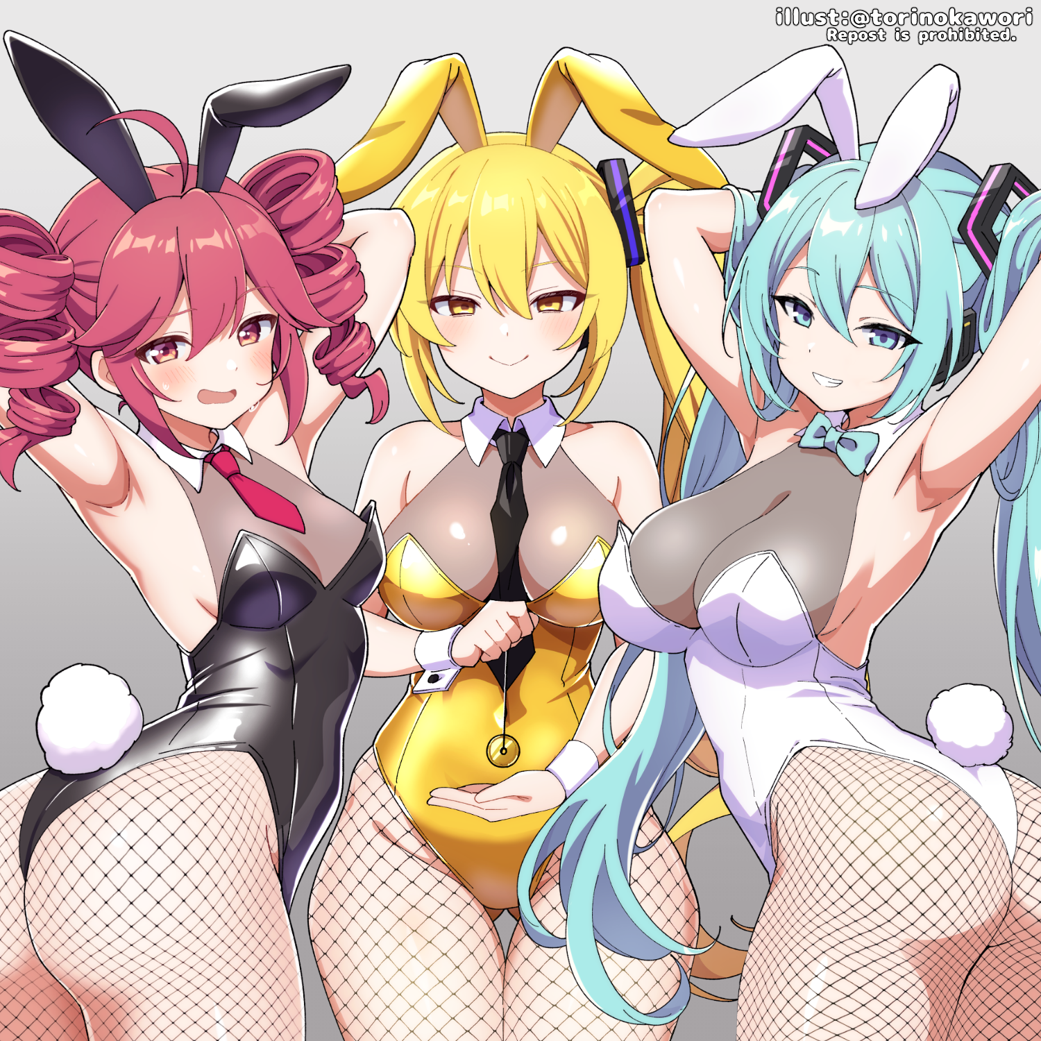 torinokawori, akita neru, hatsune miku, kasane teto, triple baka (vocaloid), utau, vocaloid, highres, 3girls, animal ears, aqua eyes, aqua hair, armpits, arms behind head, arms up, ass, black leotard, blonde hair, blush, breasts, brown eyes, closed mouth, cowboy shot, drill hair, fake animal ears, fake tail, fishnet pantyhose, fishnets, from behind, grey background, hair ornament, heart, leotard, long hair, looking at viewer, looking back, medium breasts, multiple girls, pantyhose, playboy bunny, rabbit ears, rabbit tail, red hair, simple background, small breasts, smile, strapless, strapless leotard, tail, tongue, tongue out, twin drills, twintails, very long hair, white leotard, yellow eyes, yellow leotard