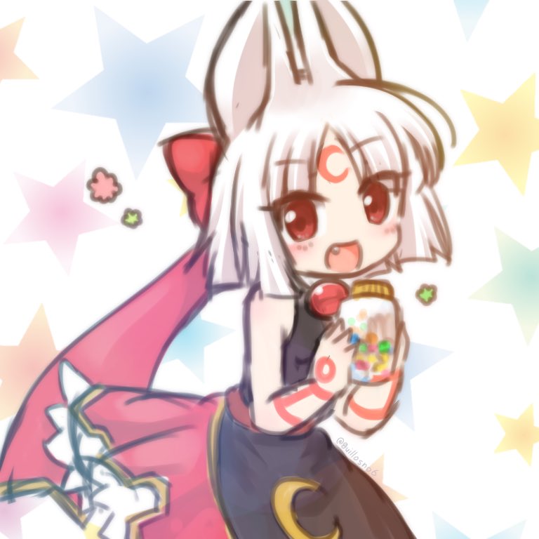 emil chronicle online, 1girl, animal ears, black dress, body markings, bottle, dress, facial mark, fang, guillosno6, hair ribbon, holding, holding bottle, open mouth, red dress, red eyes, red ribbon, ribbon, shugoma uru, sleeveless, sleeveless dress, solo, star (symbol), star symbol background, two-tone dress, white background, white hair