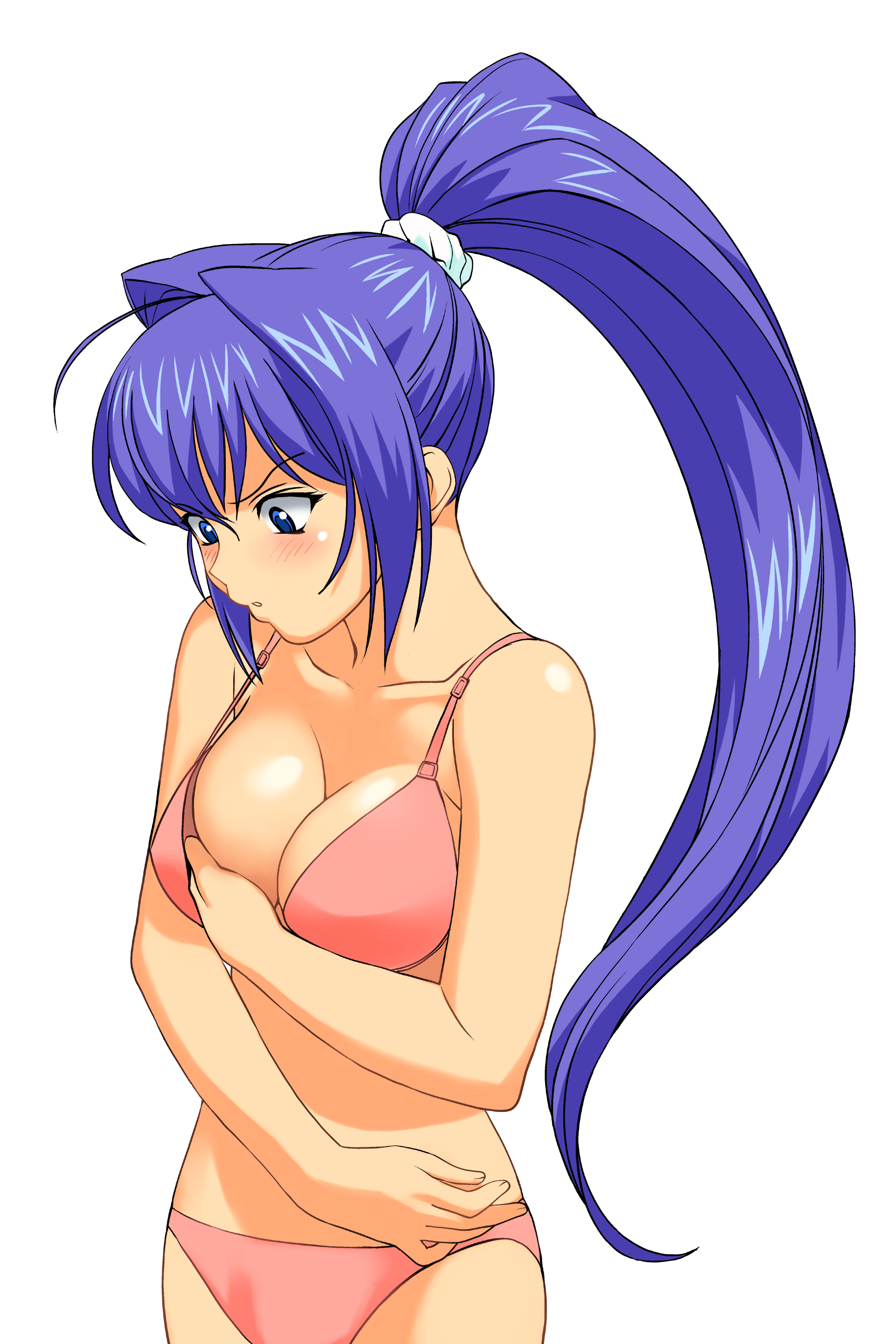 a1 (initial-g), hayase mitsuki, kimi ga nozomu eien, breast hold, absurdres, highres, 00s, 1girl, adjusting bra, adjusting breasts, adjusting clothes, ahoge, bare shoulders, blue eyes, blue hair, blush, bra, breasts, cleavage, female focus, hair intakes, large breasts, lingerie, long hair, matching hair/eyes, panties, ponytail, simple background, solo, standing, stomach, underwear, underwear only