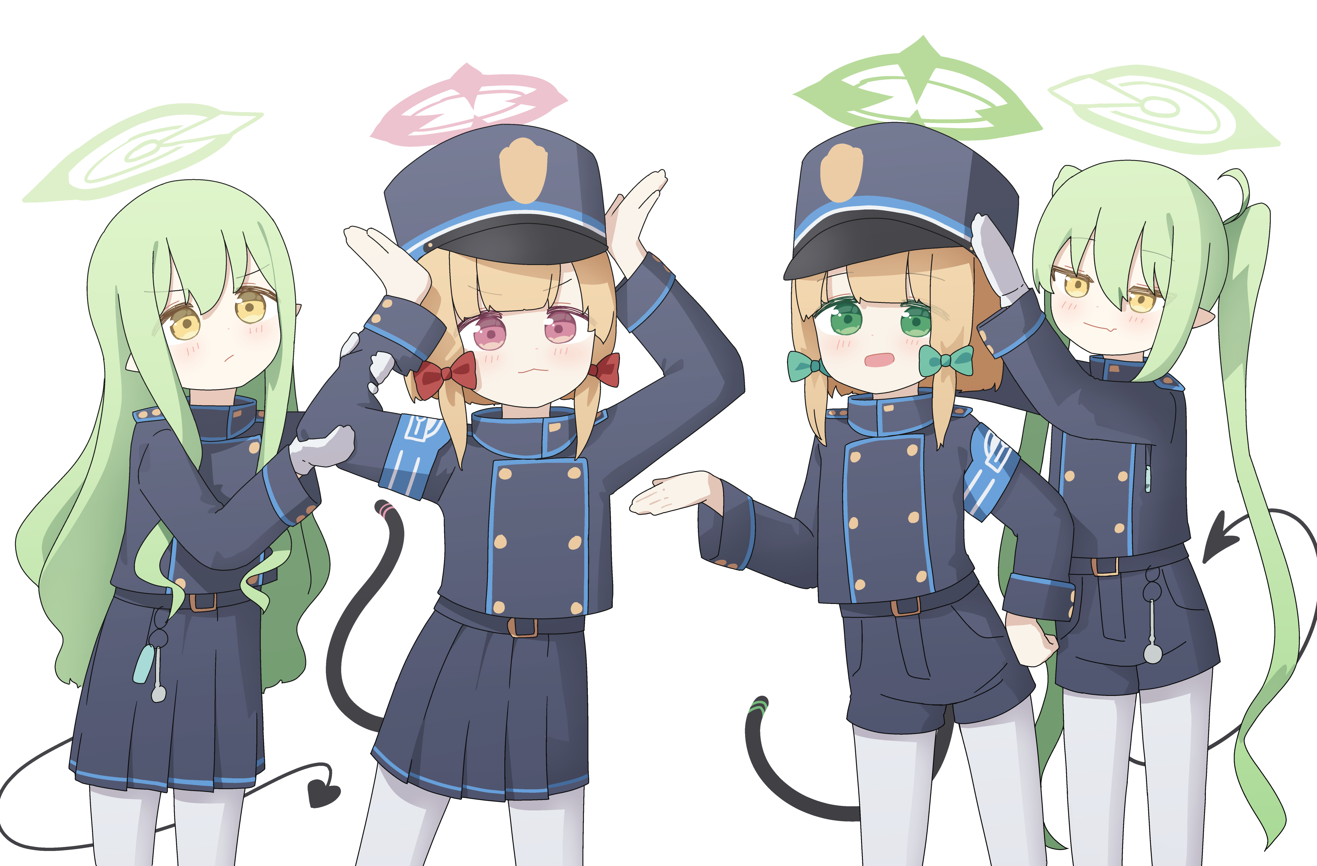 no ti me, hikari (blue archive), midori (blue archive), momoi (blue archive), nozomi (blue archive), blue archive, absurdres, commentary, highres, 4girls, :3, :d, armband, arms up, belt, black belt, black shorts, black skirt, blonde hair, blue armband, blunt bangs, bow, buttons, cosplay, demon tail, double-breasted, fang, fang out, gloves, green bow, green eyes, green hair, green halo, hair between eyes, hair bow, halo, hat, hikari (blue archive) (cosplay), light blush, long hair, long sleeves, looking at viewer, multiple girls, nozomi (blue archive) (cosplay), open mouth, pantyhose, peaked cap, pink halo, pleated skirt, pointy ears, red bow, short hair, short shorts, shorts, siblings, simple background, sisters, skin fang, skirt, smile, tail, twins, twintails, very long hair, white background, white gloves, white pantyhose, yellow eyes