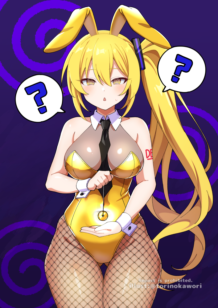 torinokawori, akita neru, vocaloid, 1girl, ?, @ @, animal ears, arm tattoo, black necktie, blonde hair, fake animal ears, fishnet pantyhose, fishnets, holding, leotard, long hair, necktie, open mouth, pantyhose, ponytail, rabbit ears, solo, tattoo, yellow eyes, yellow leotard