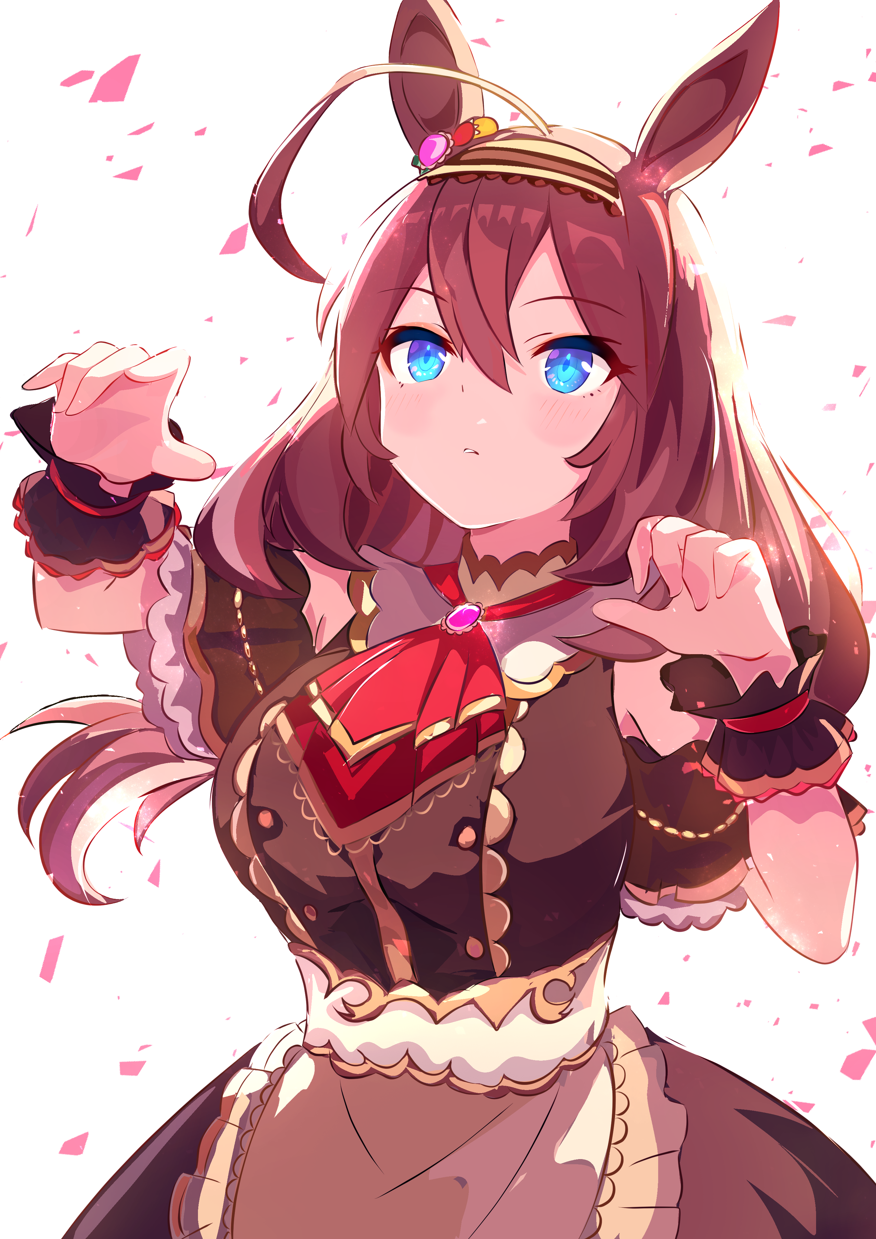 kanon (user rrhr4244), mihono bourbon (code:glassage) (umamusume), mihono bourbon (umamusume), umamusume, absurdres, highres, 1girl, animal ears, bare shoulders, black dress, blue eyes, blush, brown hair, brown hairband, clothing cutout, dress, hair between eyes, hairband, horse ears, horse girl, long hair, official alternate costume, parted lips, shoulder cutout, solo