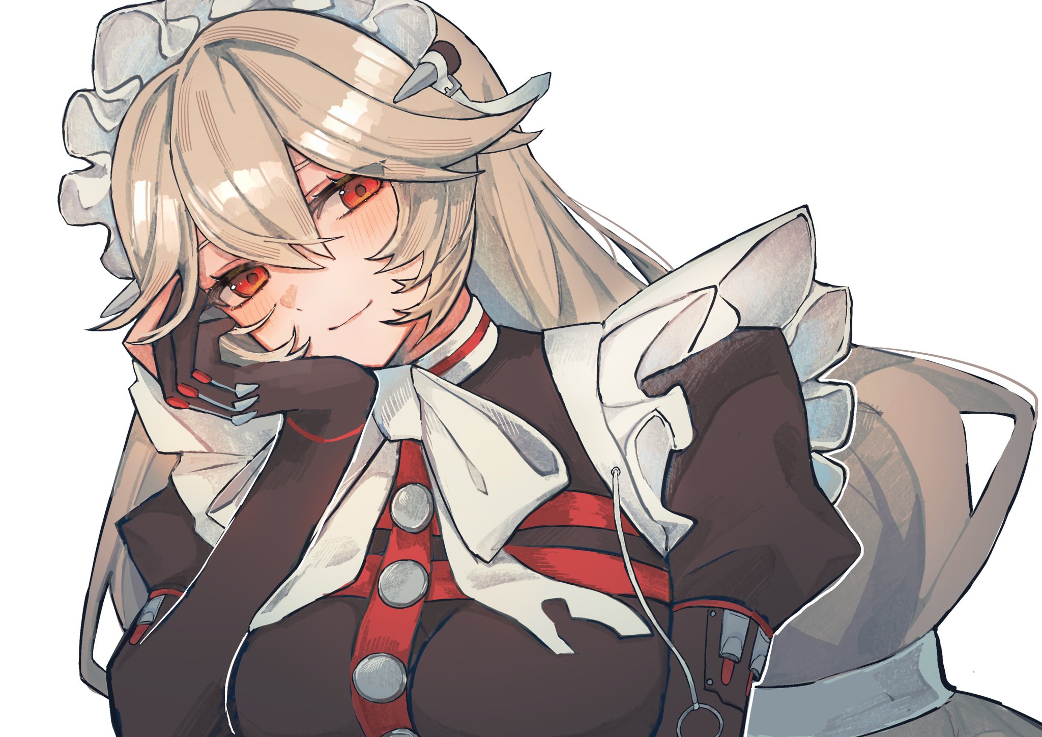 alexandrina sebastiane, zenless zone zero, highres, 1girl, armband, black dress, blush, brown hair, buttons, czc9q2, dress, gloves, hand on own face, head tilt, long hair, looking to the side, maid, maid headdress, partially fingerless gloves, red eyes, ribbon, smile, solo, white background, white ribbon