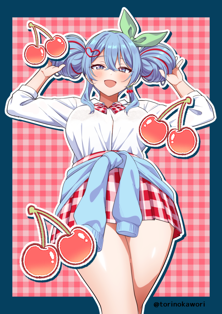 torinokawori, hatsune miku, cherry pop (vocaloid), vocaloid, 1girl, blue eyes, blue hair, blue sweater, blush, breasts, cherry, clothes around waist, double bun, food, fruit, green eyes, hair bun, long hair, long sleeves, looking at viewer, medium breasts, multicolored hair, open mouth, red hair, red skirt, shirt, simple background, skirt, smile, solo, sweater, twintails, white shirt