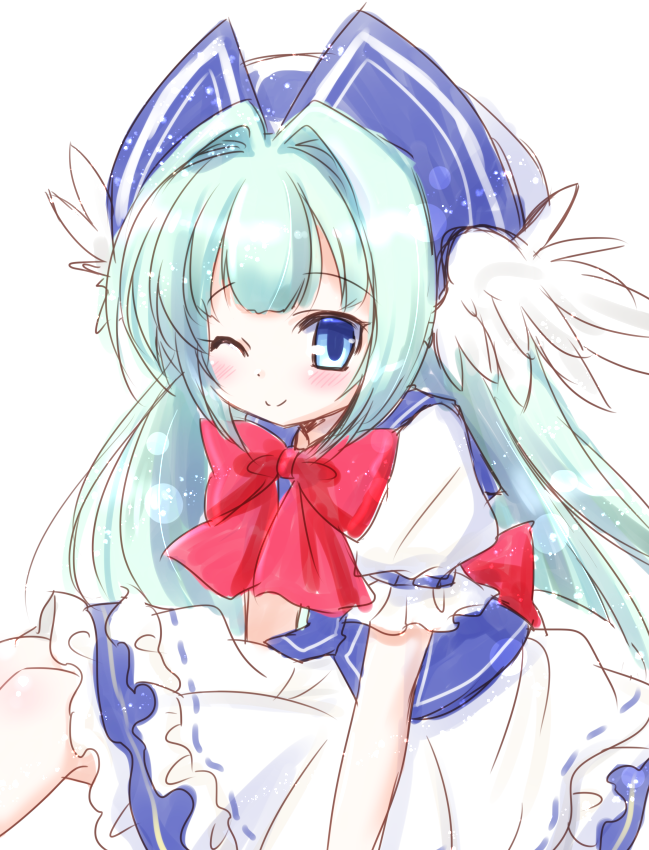 akino sakura, emil chronicle online, 1girl, blue corset, blue eyes, blue hat, corset, dress, fly fish alma, frilled dress, frills, green hair, hat, head wings, long hair, neck ribbon, one eye closed, red ribbon, ribbon, sailor collar, solo, white background, white dress, white wings, wings