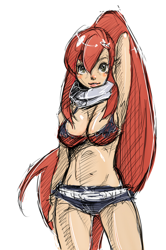talesof, yoko littner, tengen toppa gurren lagann, 00s, 1girl, belt, breasts, cleavage, female focus, large breasts, red hair, scarf, short shorts, shorts, solo