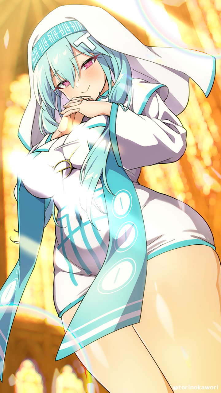 torinokawori, hatsune miku, vocaloid, highres, 1girl, @ @, aqua hair, bare legs, blush, breasts, closed mouth, long hair, long sleeves, looking at viewer, medium breasts, pink eyes, shirt, smile, solo, veil, white shirt, white veil