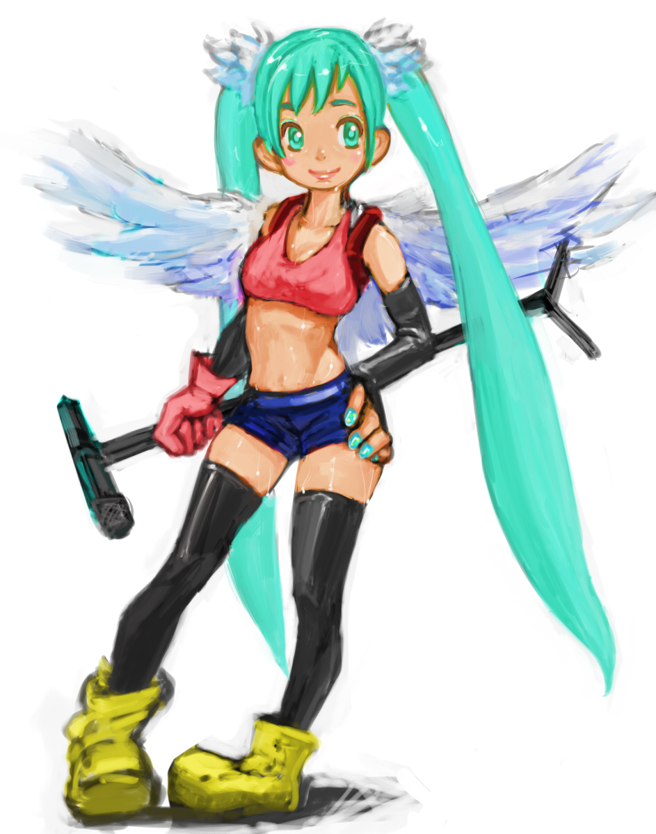 talesof, bad id, bad pixiv id, highres, aqua eyes, aqua hair, elbow gloves, gloves, long hair, microphone, microphone stand, short shorts, shorts, solo, thighhighs, twintails, wings