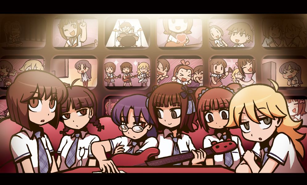 riyo (lyomsnpmp), akizuki ritsuko, amami haruka, hagiwara yukiho, hoshii miki, kikuchi makoto, kisaragi chihaya, takatsuki yayoi, idolmaster, idolmaster (classic), idolmaster 1, 00s, 6+girls, blonde hair, breasts, brown hair, flat chest, flat chest grab, glasses, grabbing another's breast, groping, guitar, instrument, multiple girls, necktie, rough time school, twintails, unworn eyewear, yuri