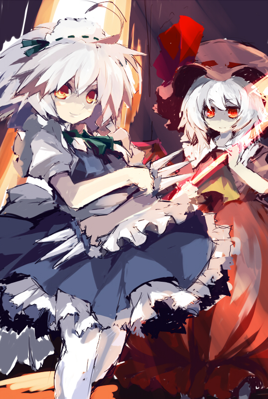 xexu, izayoi sakuya, remilia scarlet, touhou, white legwear, 2girls, apron, blue dress, cowboy shot, dress, female focus, frills, hat, looking at viewer, maid headdress, mob cap, multiple girls, pantyhose, puffy short sleeves, puffy sleeves, red eyes, shaded face, short sleeves, standing, waist apron