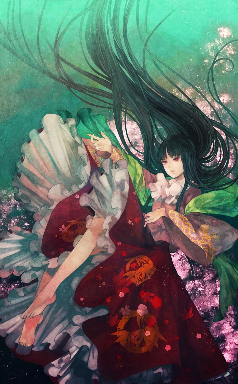 xero, houraisan kaguya, touhou, highres, 1girl, barefoot, black hair, dress, feet, female focus, long hair, red eyes, solo, toes, underwater, very long hair