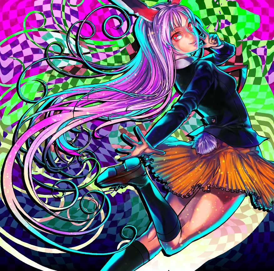 xero, reisen udongein inaba, touhou, 1girl, animal ears, black socks, female focus, from side, kneehighs, loafers, long sleeves, looking at viewer, looking to the side, orange skirt, pink hair, rabbit ears, red eyes, shoes, skirt, socks, solo