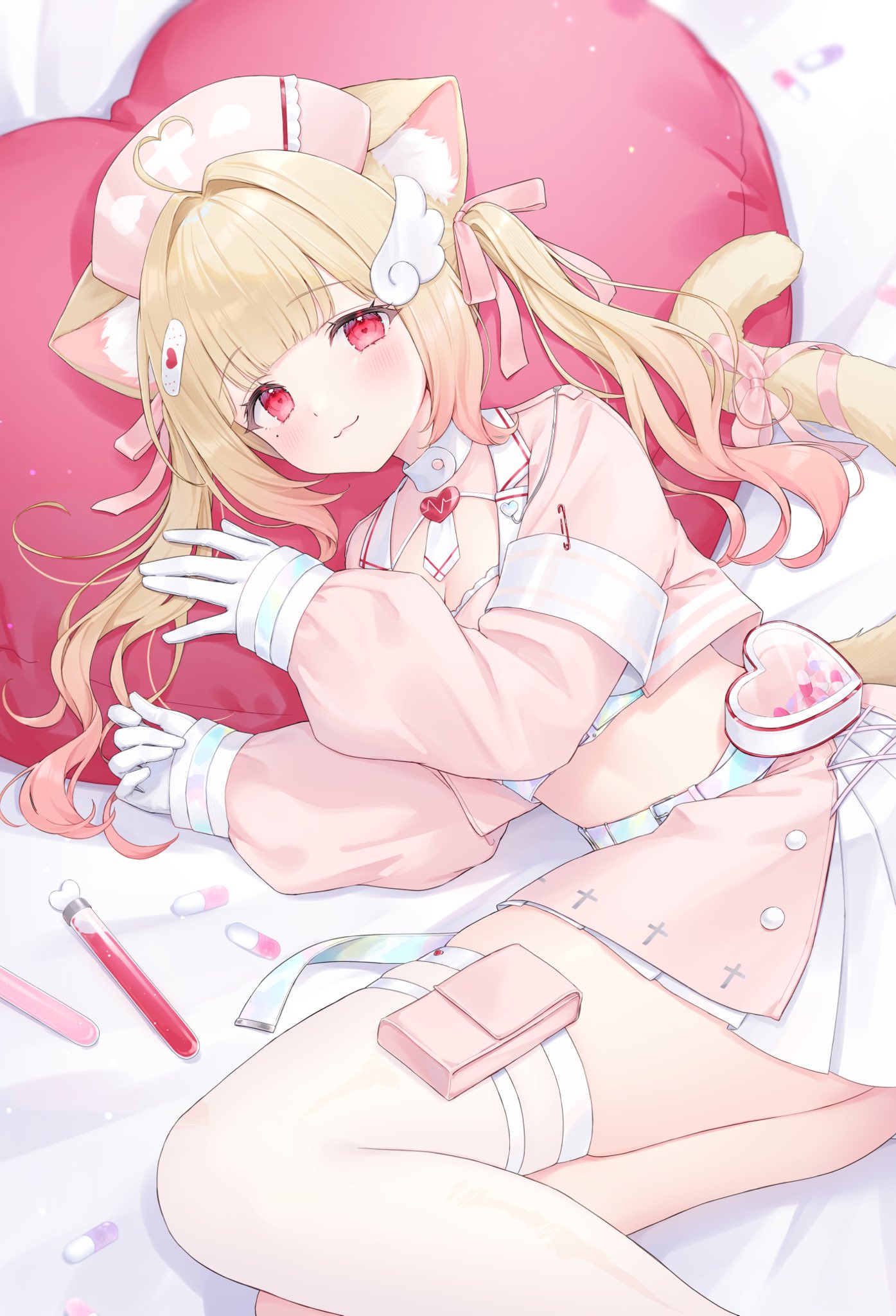 shano hiyori, original, highres, 1girl, :3, animal ears, blonde hair, breasts, cat ears, cat girl, cat tail, choker, cleavage, closed mouth, crop top, cropped jacket, gloves, gradient hair, hat, heart, heart-shaped pillow, jacket, long hair, long sleeves, looking at viewer, lying, midriff, mole, mole under eye, multicolored hair, nurse cap, on side, open clothes, open jacket, pillow, pink hat, pink jacket, pleated skirt, red eyes, single thighhigh, skirt, small breasts, smile, solo, stomach, tail, test tube, thighhighs, white choker, white gloves, white skirt, white thighhighs