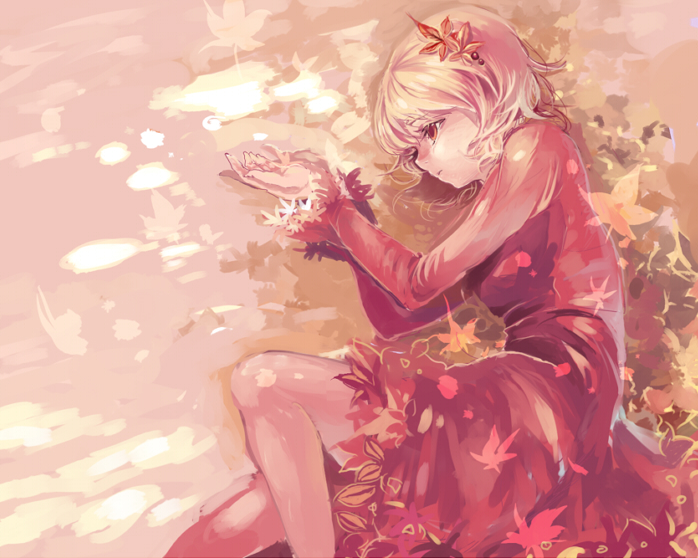 cis (carcharias), aki shizuha, touhou, 1girl, autumn leaves, blonde hair, female focus, hair ornament, leaf, leaf hair ornament, red eyes, short hair, solo
