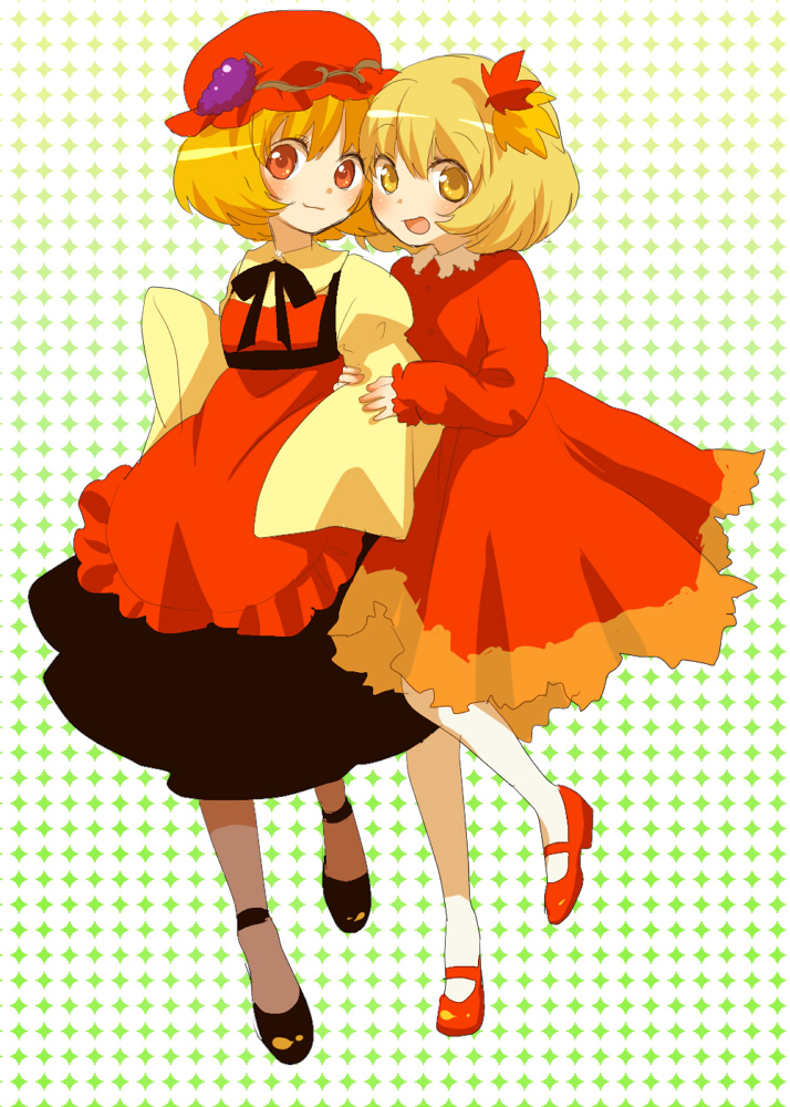 machiko (beard), aki minoriko, aki shizuha, touhou, 2girls, female focus, hair ornament, leaf, leaf hair ornament, multiple girls, siblings, sisters