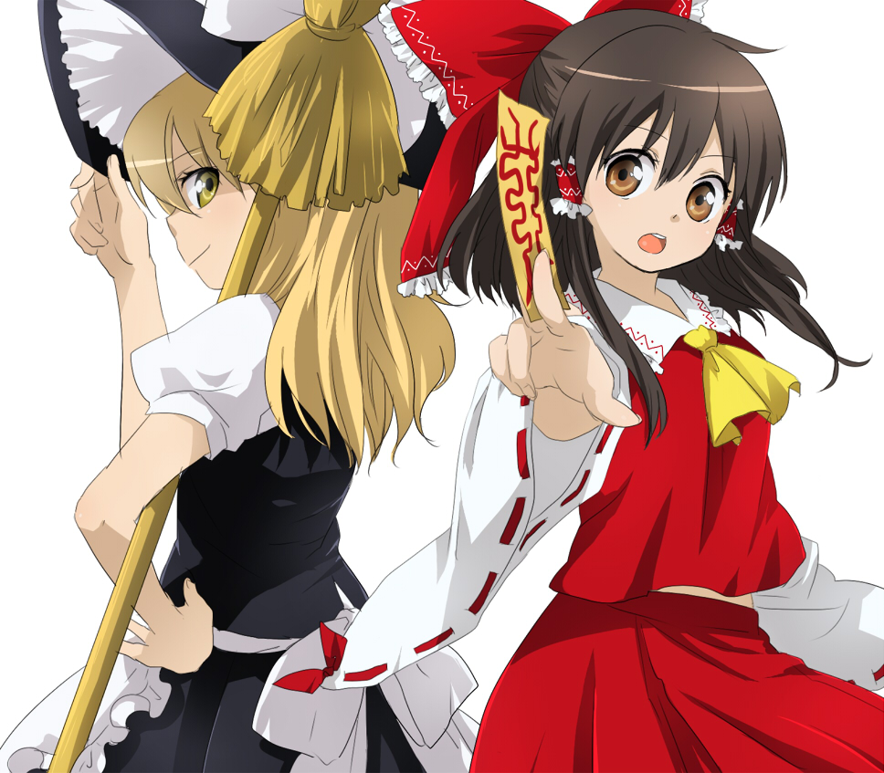 machiko (beard), hakurei reimu, kirisame marisa, touhou, 2girls, :d, ascot, black hair, blonde hair, brown eyes, detached sleeves, female focus, hat, holding, long sleeves, looking at viewer, multiple girls, ofuda, open mouth, ribbon-trimmed sleeves, ribbon trim, sidelocks, simple background, smile, white background, witch hat