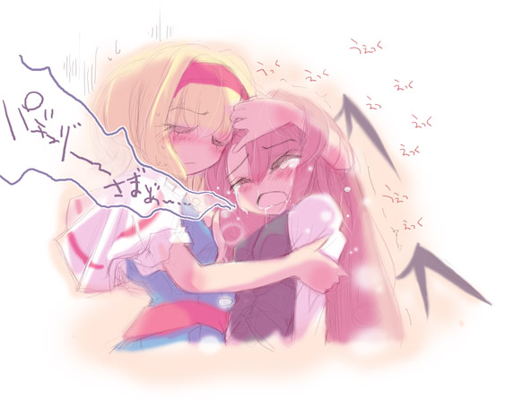 usoneko, alice margatroid, koakuma, touhou, 2girls, female focus, gradient background, head wings, hug, multiple girls, tears, upper body, white background, wings