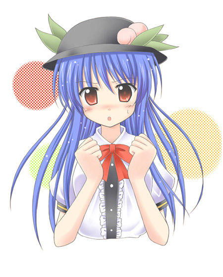 exe (artist), xe (execut3r), hinanawi tenshi, touhou, 1girl, black hat, blue hair, blush, female focus, food, fruit, hat, long hair, peach, red eyes, solo
