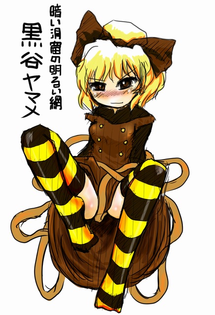 u1, kurodani yamame, touhou, 1girl, female focus, solo, striped clothes, striped thighhighs, thighhighs, white background