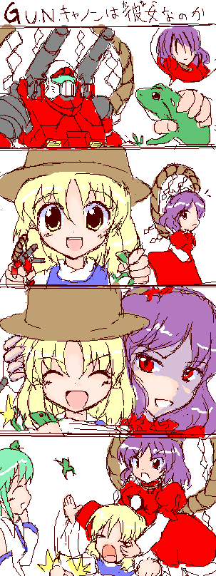 guncannon, kochiya sanae, moriya suwako, yasaka kanako, gundam, touhou, > <, 3girls, 4koma, ^^^, closed eyes, comic, female focus, figure, frog, hat, multiple girls, oekaki, rope, shaded face, shimenawa, silent comic, slit pupils