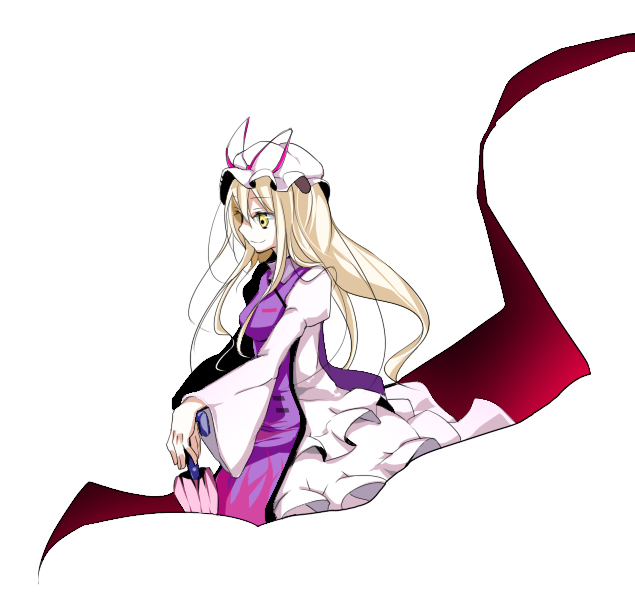 oouso, yakumo yukari, touhou, 1girl, blonde hair, closed umbrella, dress, female focus, gap (touhou), hat, mob cap, simple background, solo, tabard, umbrella, white background, yellow eyes
