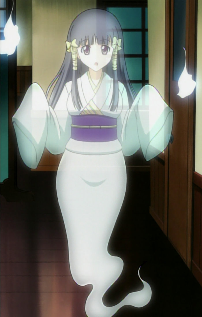 murasame oshizu, to love-ru, anime screenshot, stitched, third-party edit, 00s, 1girl, black hair, female focus, ghost, ghost tail, hitodama, japanese clothes, kimono, long hair, purple eyes, solo